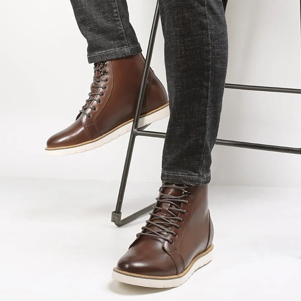 7CM / 2.76 Inches CMR CHAMARIPA Height Increasing Elevator Boots Brown Leather Boots That Make You Taller