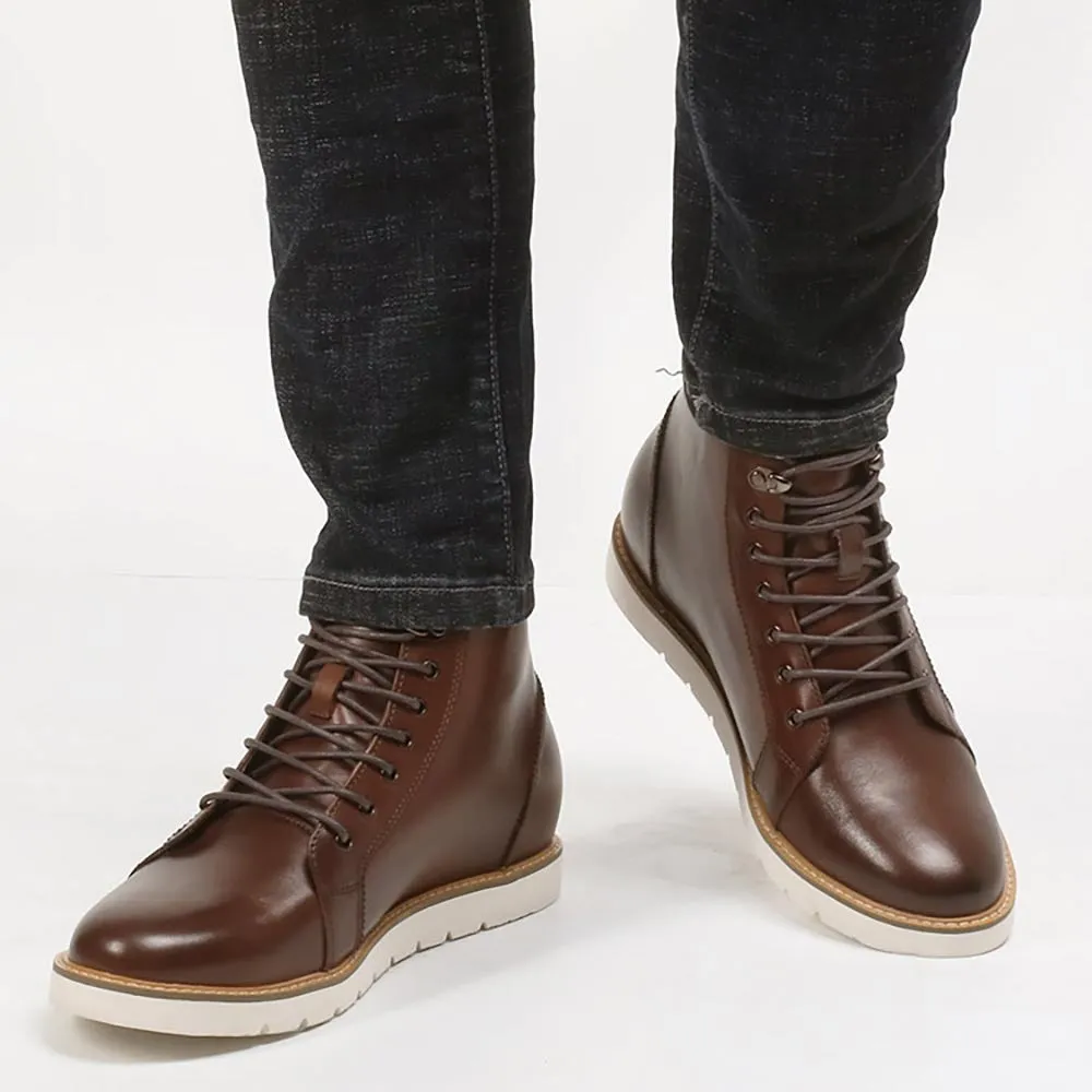 7CM / 2.76 Inches CMR CHAMARIPA Height Increasing Elevator Boots Brown Leather Boots That Make You Taller