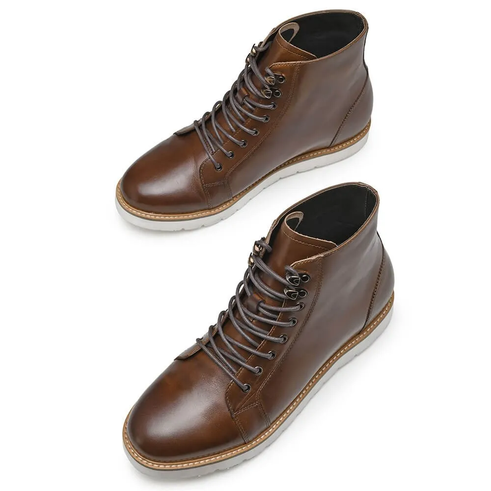 7CM / 2.76 Inches CMR CHAMARIPA Height Increasing Elevator Boots Brown Leather Boots That Make You Taller