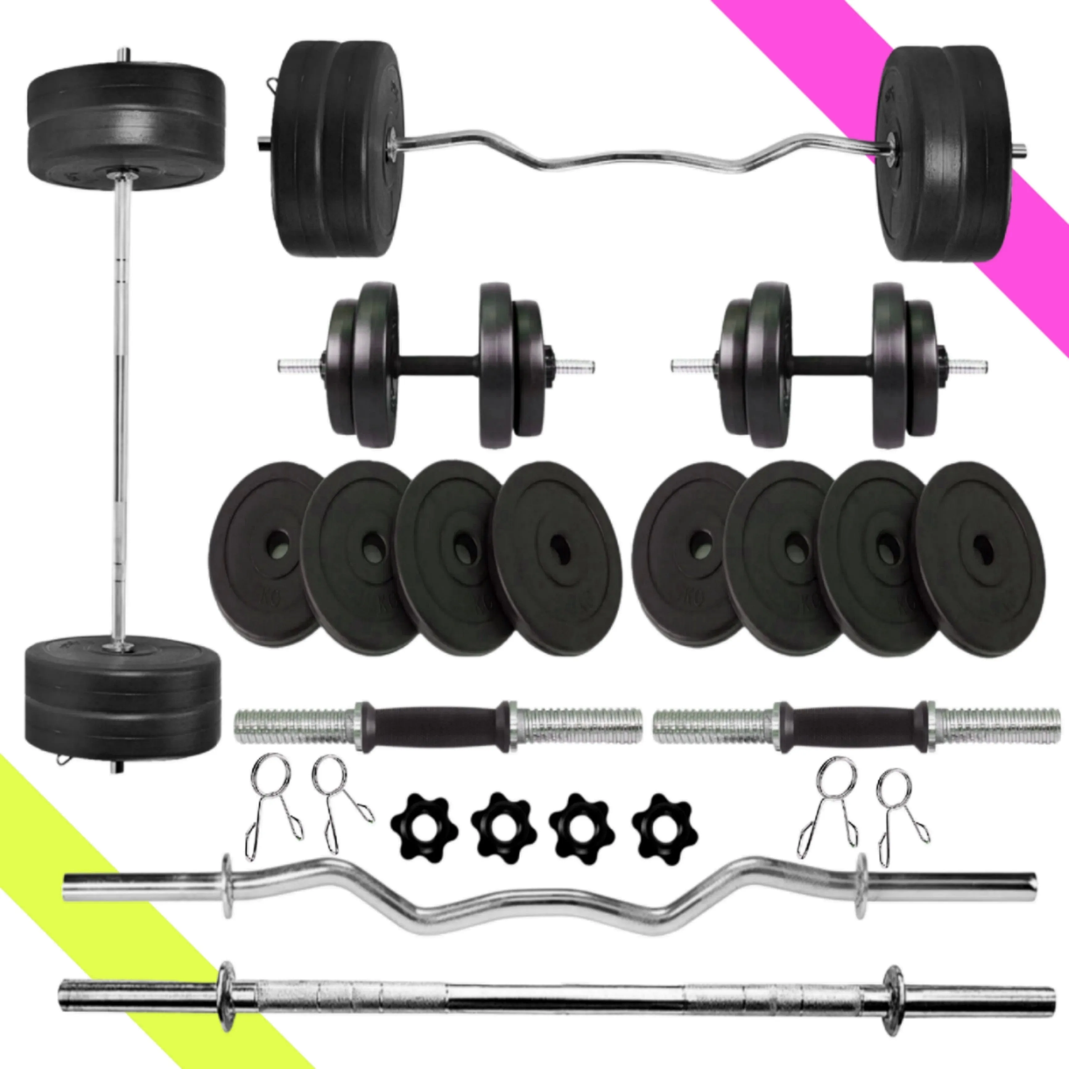 8 kg Home Gym Combo | Home Gym Set | 3ft Curl Rod | 3ft Straight   One Pair Dumbbell Rods | Weight Plates | Exercise Set