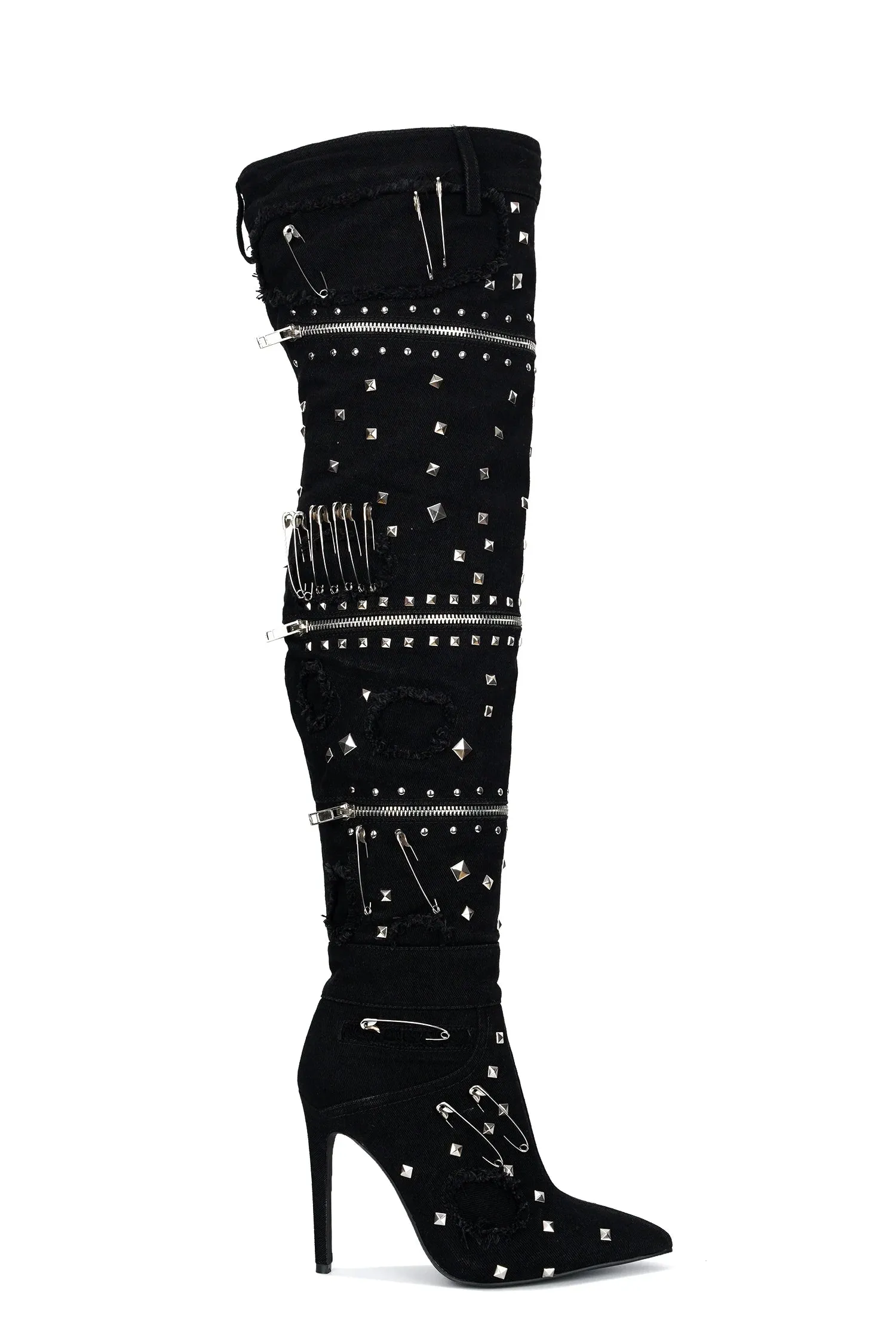 ABILENEA Black Denim Thigh High Boot Heavy Hardware