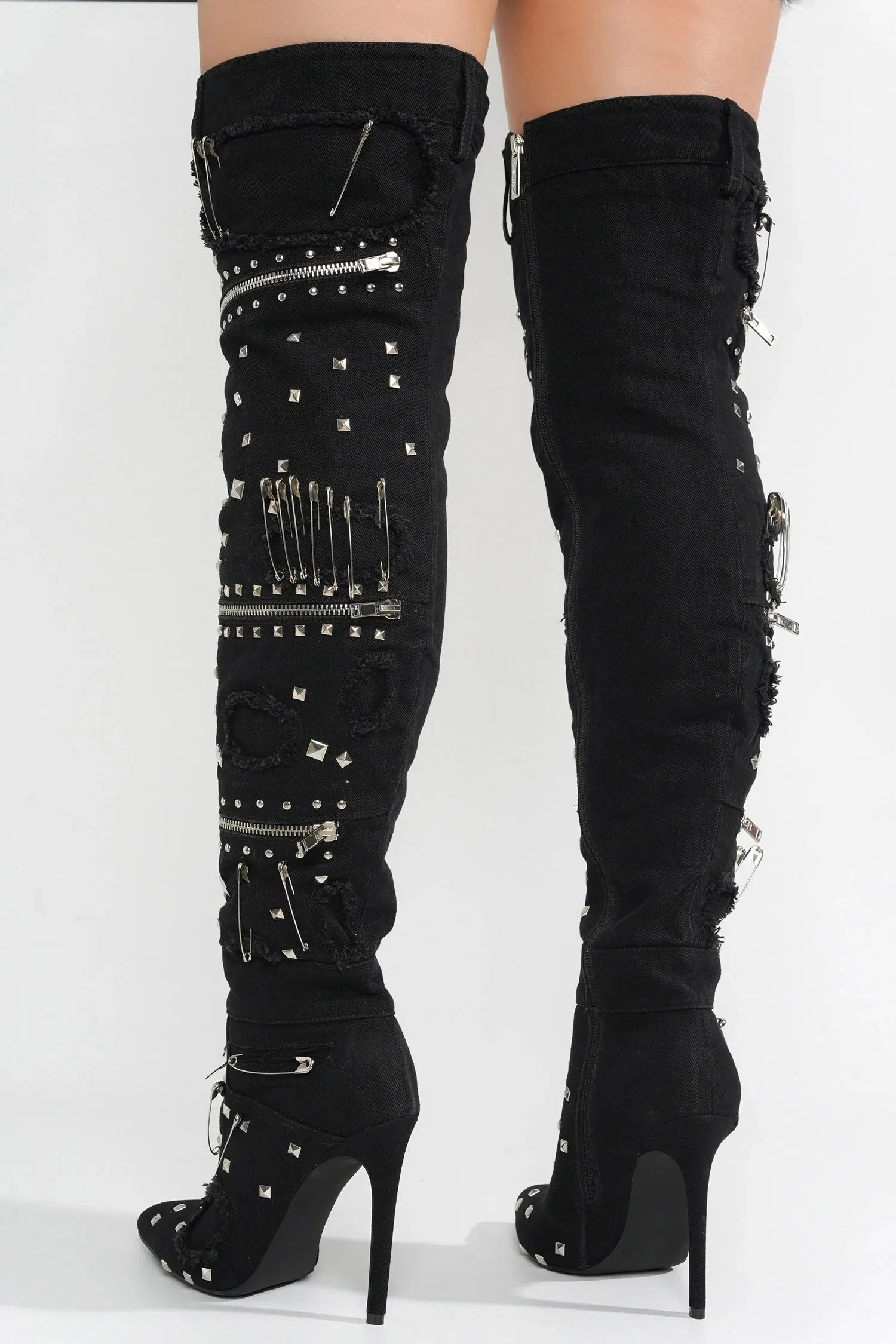 ABILENEA Black Denim Thigh High Boot Heavy Hardware