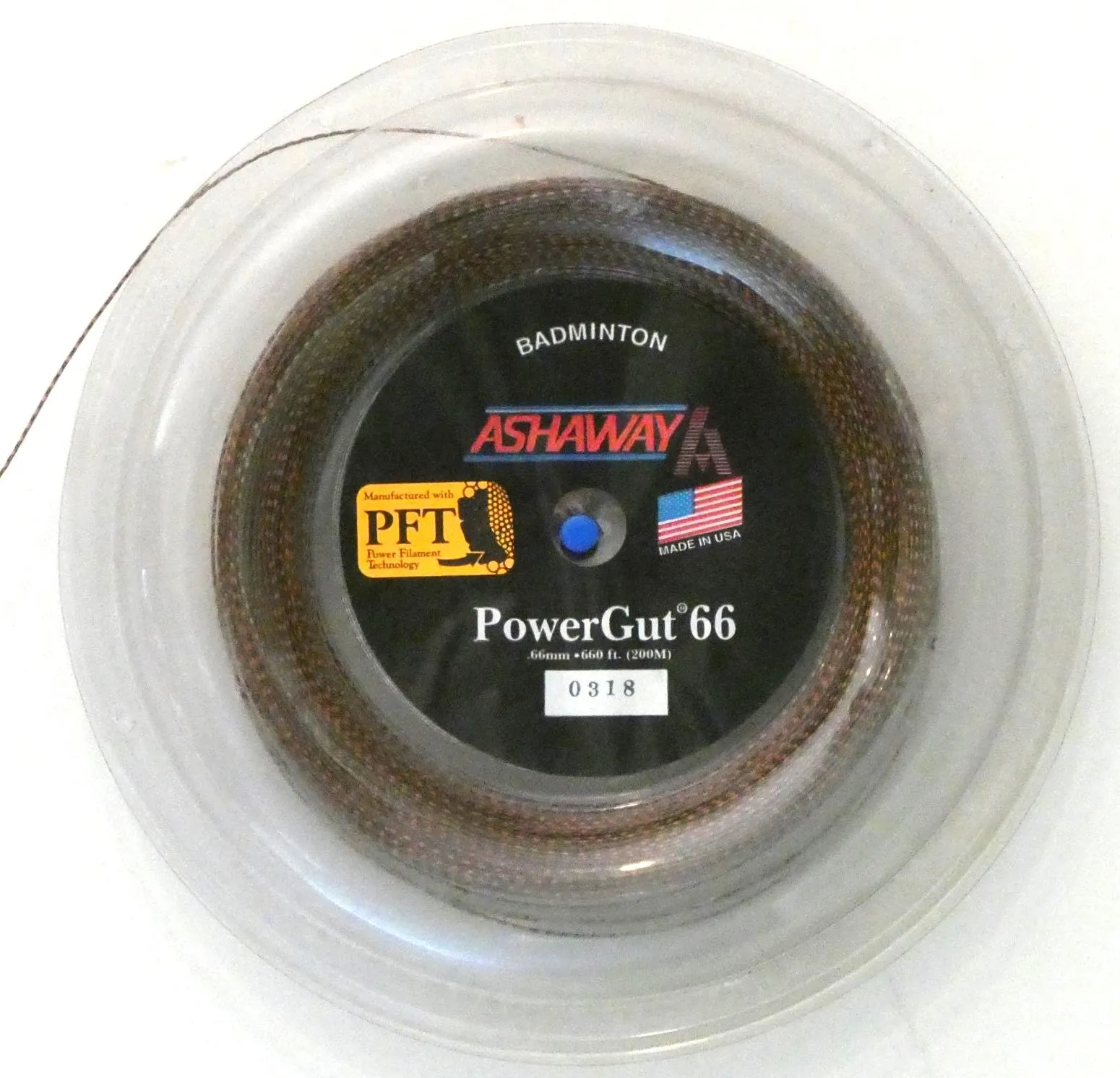 Ashaway PowerGut 66 Badminton String, Brown with orange spiral, 200 M REEL