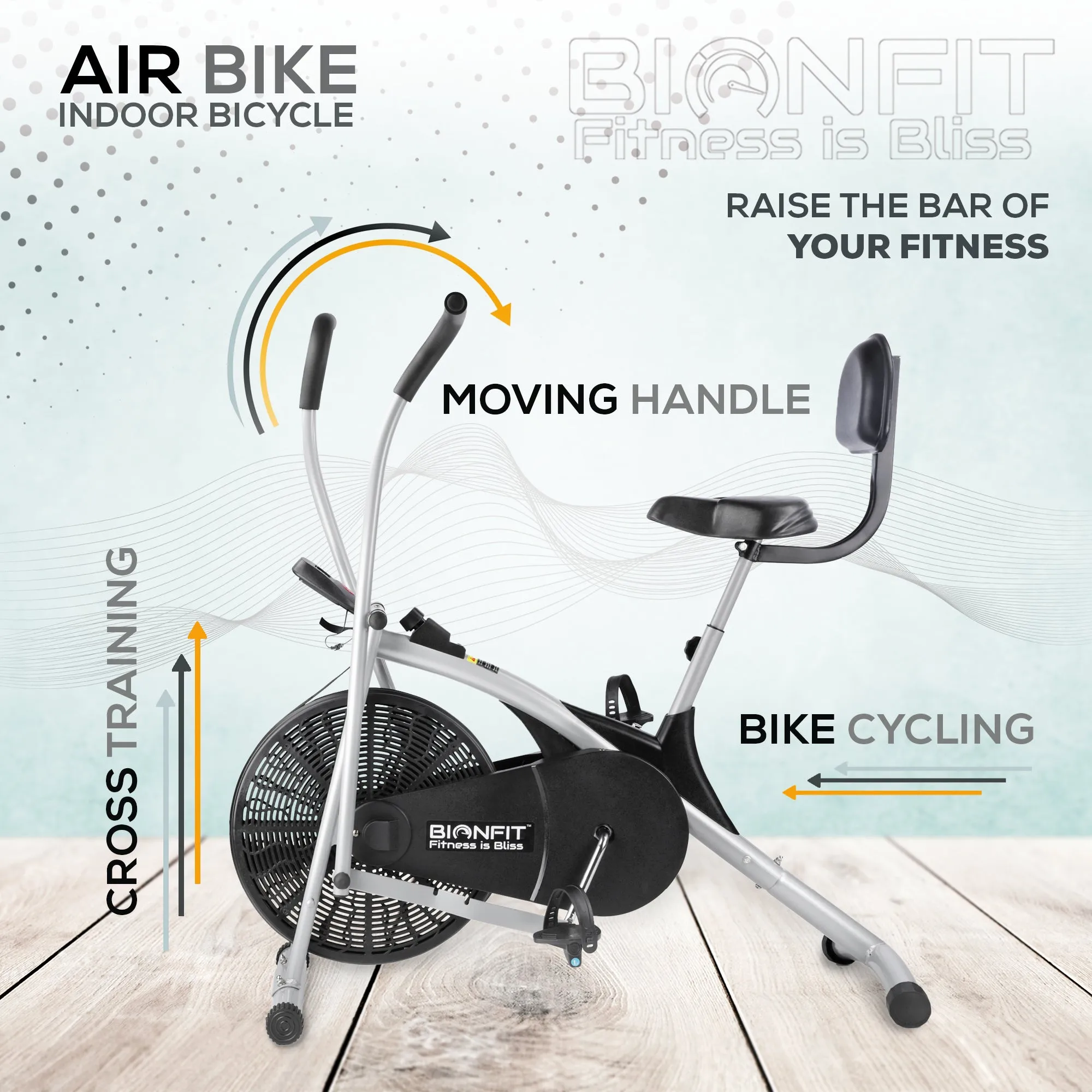 Bionfit ON02CM Curved Moving Handle Air Bike with Back Support - 100kg Max User Weight - 2 Year Warranty