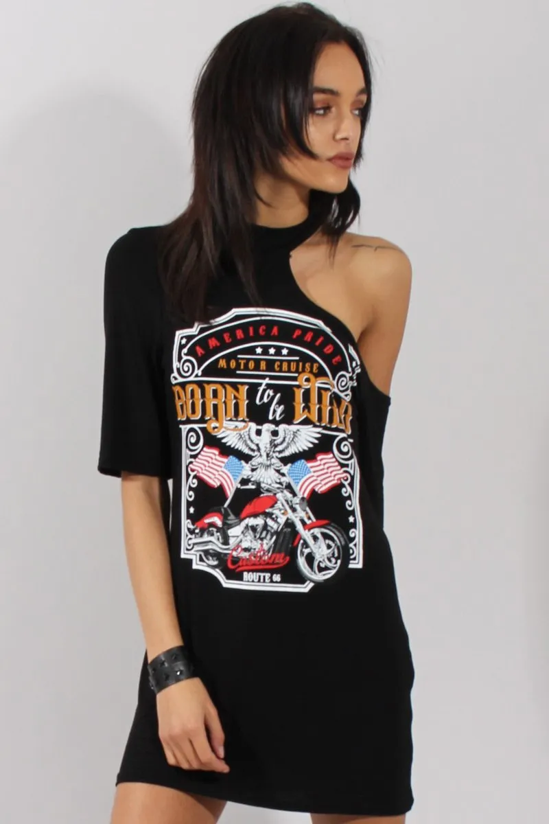 Black Born To Be Wild Cut Out Shoulder T-Shirt Dress - Lorelei