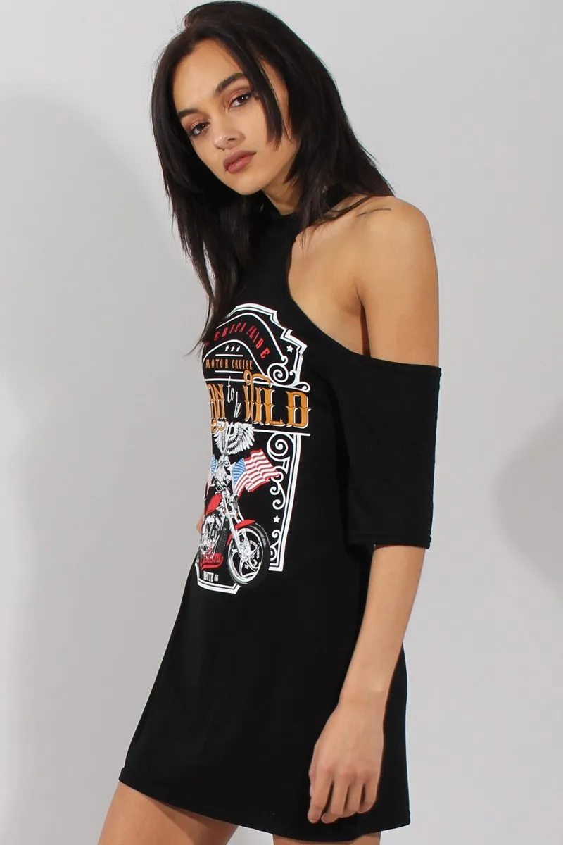 Black Born To Be Wild Cut Out Shoulder T-Shirt Dress - Lorelei