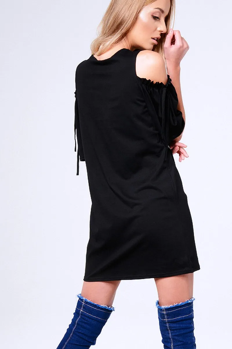 Black 'Rock Goddess' Graphic Cold Shoulder T-Shirt Dress - Penelope