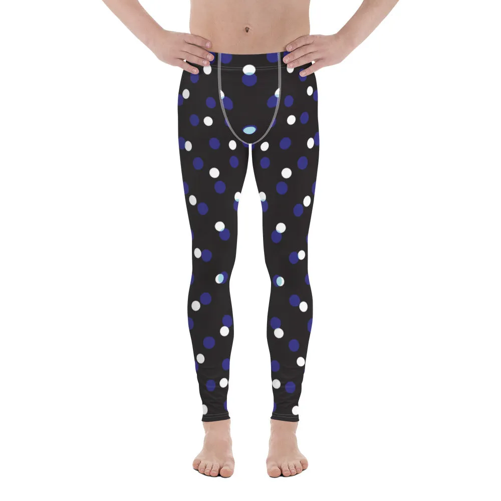 Black White Polka Dots Meggings, Best Men's Leggings Designer Running Tights- Made in USA/EU/MX