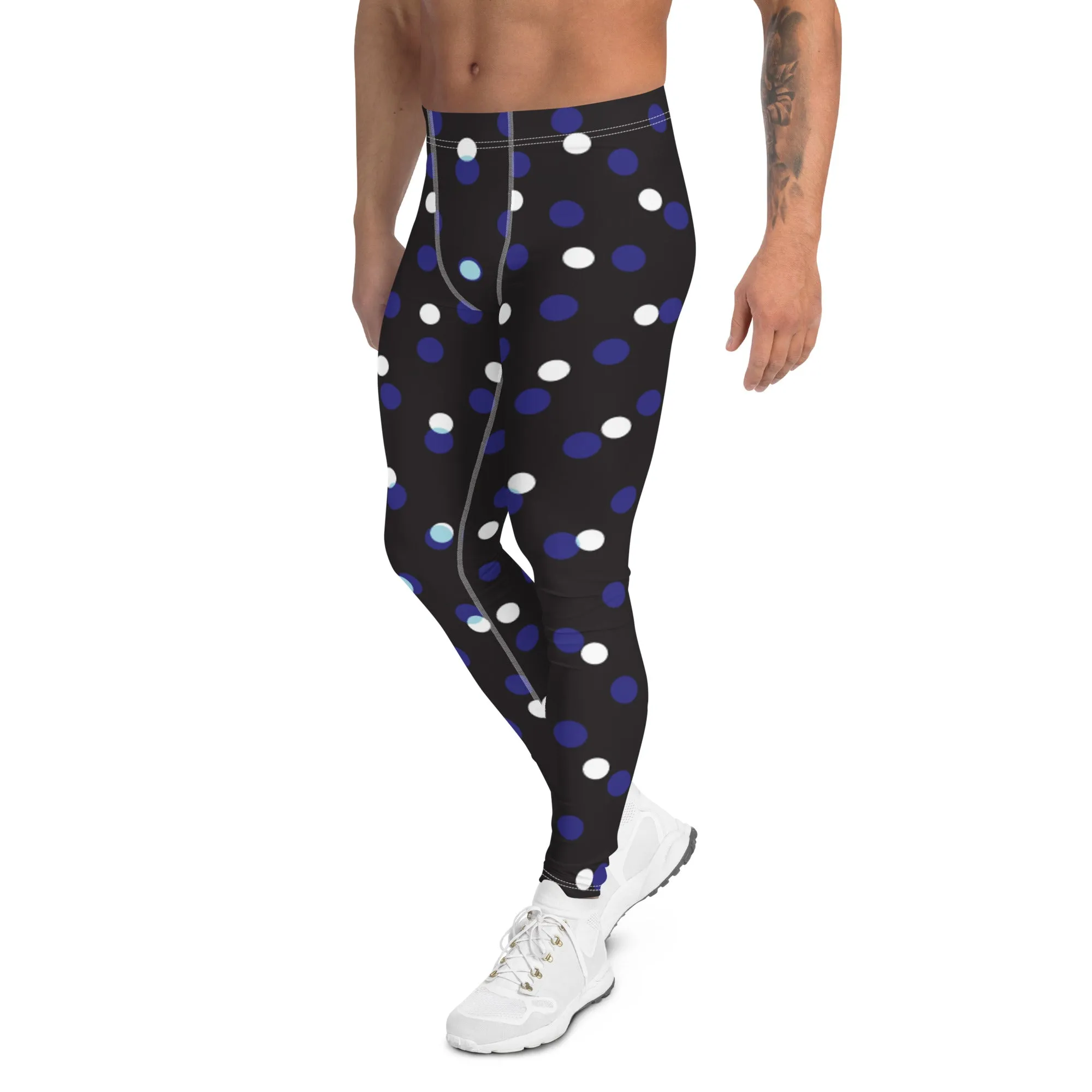 Black White Polka Dots Meggings, Best Men's Leggings Designer Running Tights- Made in USA/EU/MX