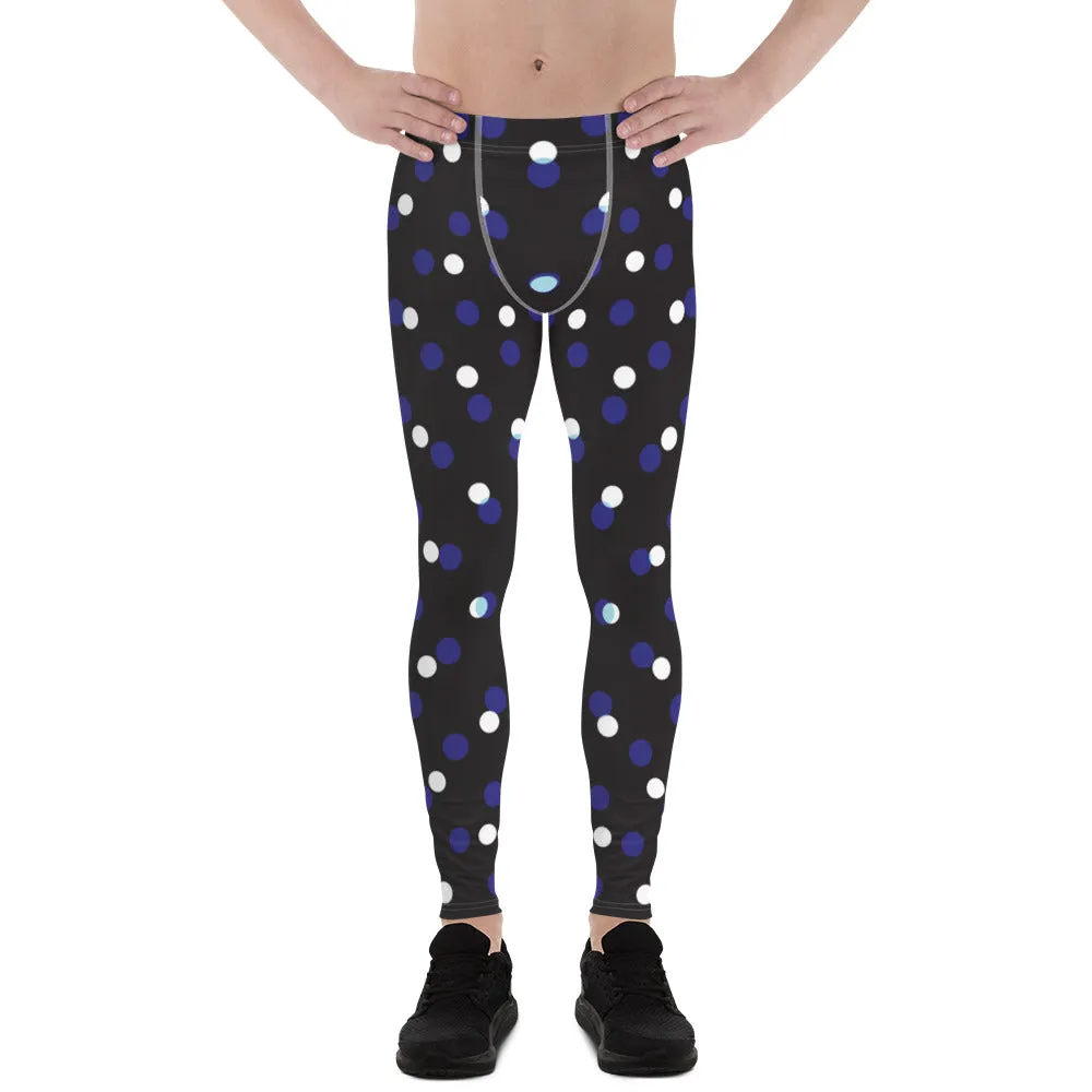 Black White Polka Dots Meggings, Best Men's Leggings Designer Running Tights- Made in USA/EU/MX