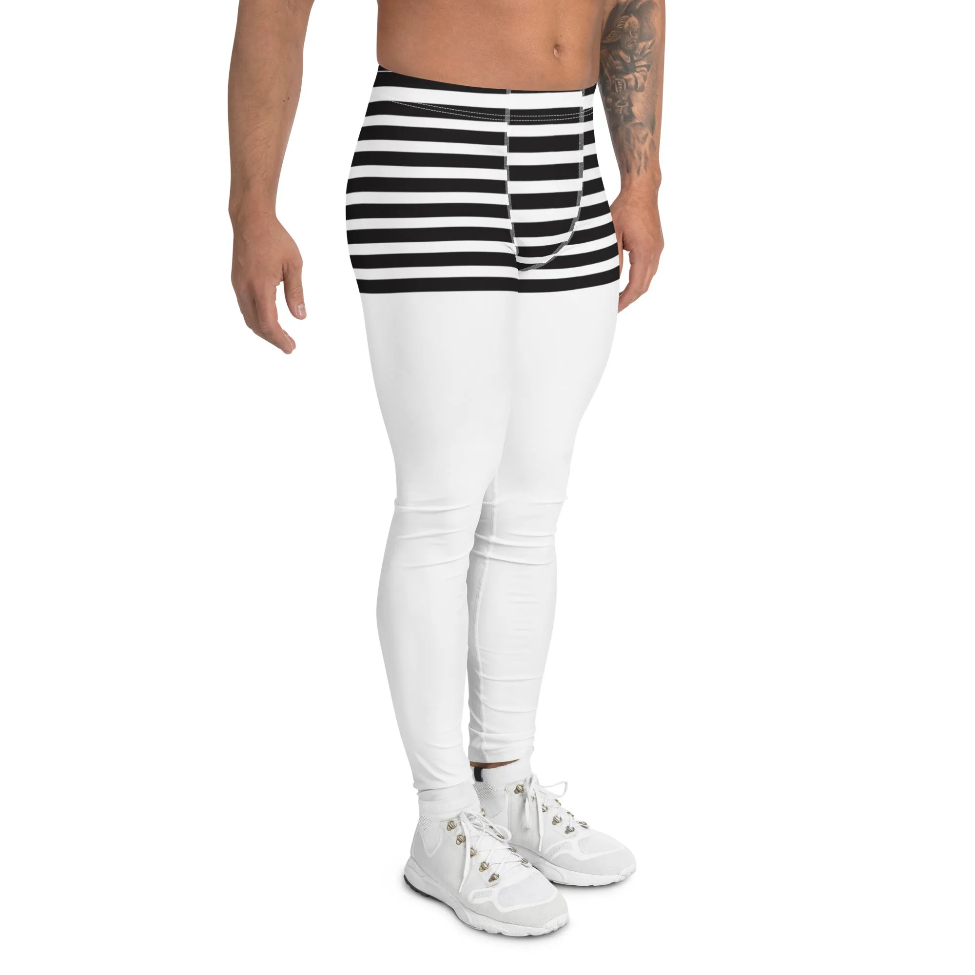 Black White Striped Meggings, Horizontal Stripes Men's Leggings Compression Tights For Men - Made in USA/EU/MX