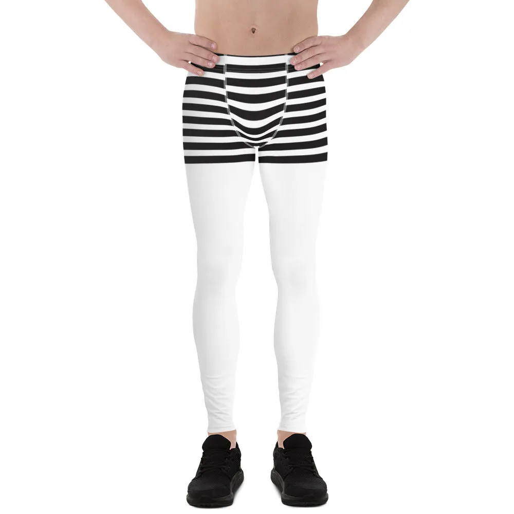 Black White Striped Meggings, Horizontal Stripes Men's Leggings Compression Tights For Men - Made in USA/EU/MX