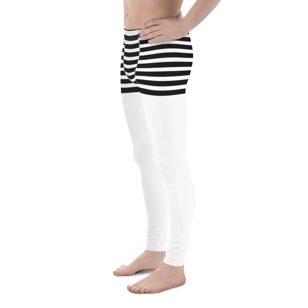 Black White Striped Meggings, Horizontal Stripes Men's Leggings Compression Tights For Men - Made in USA/EU/MX