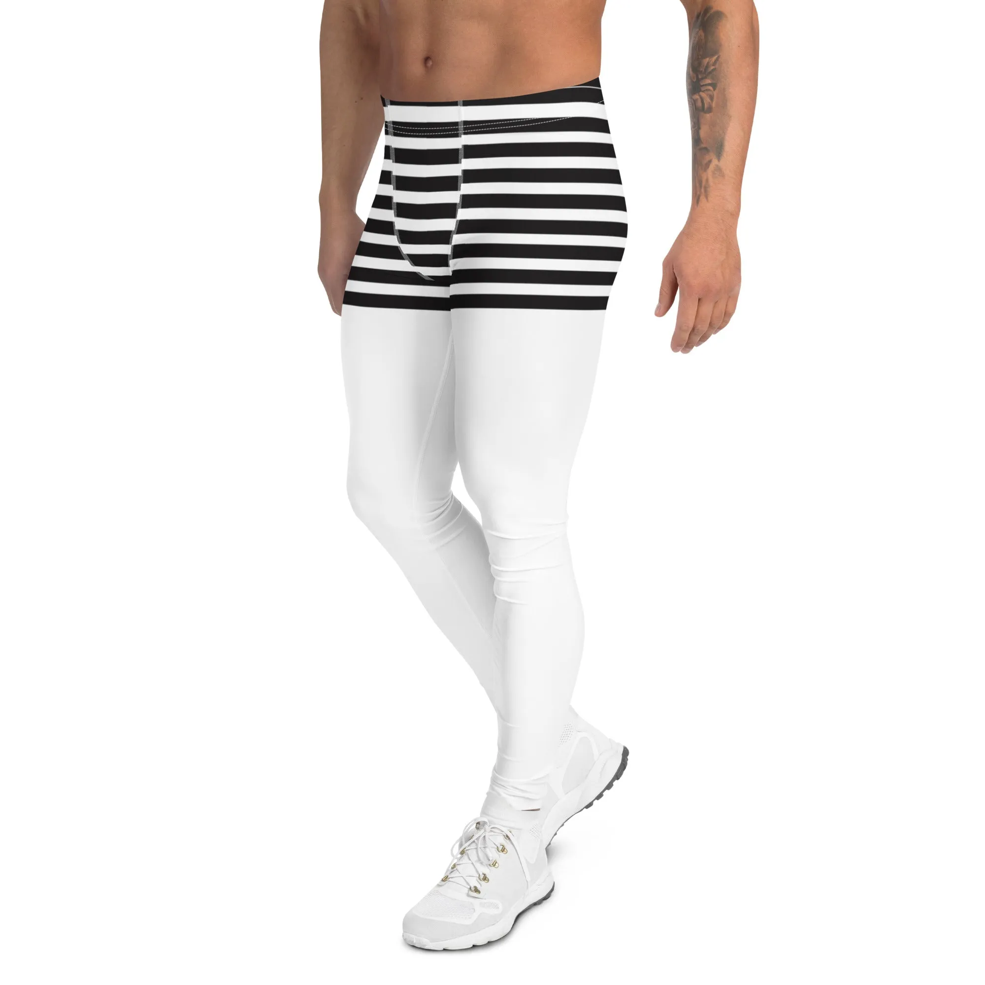 Black White Striped Meggings, Horizontal Stripes Men's Leggings Compression Tights For Men - Made in USA/EU/MX