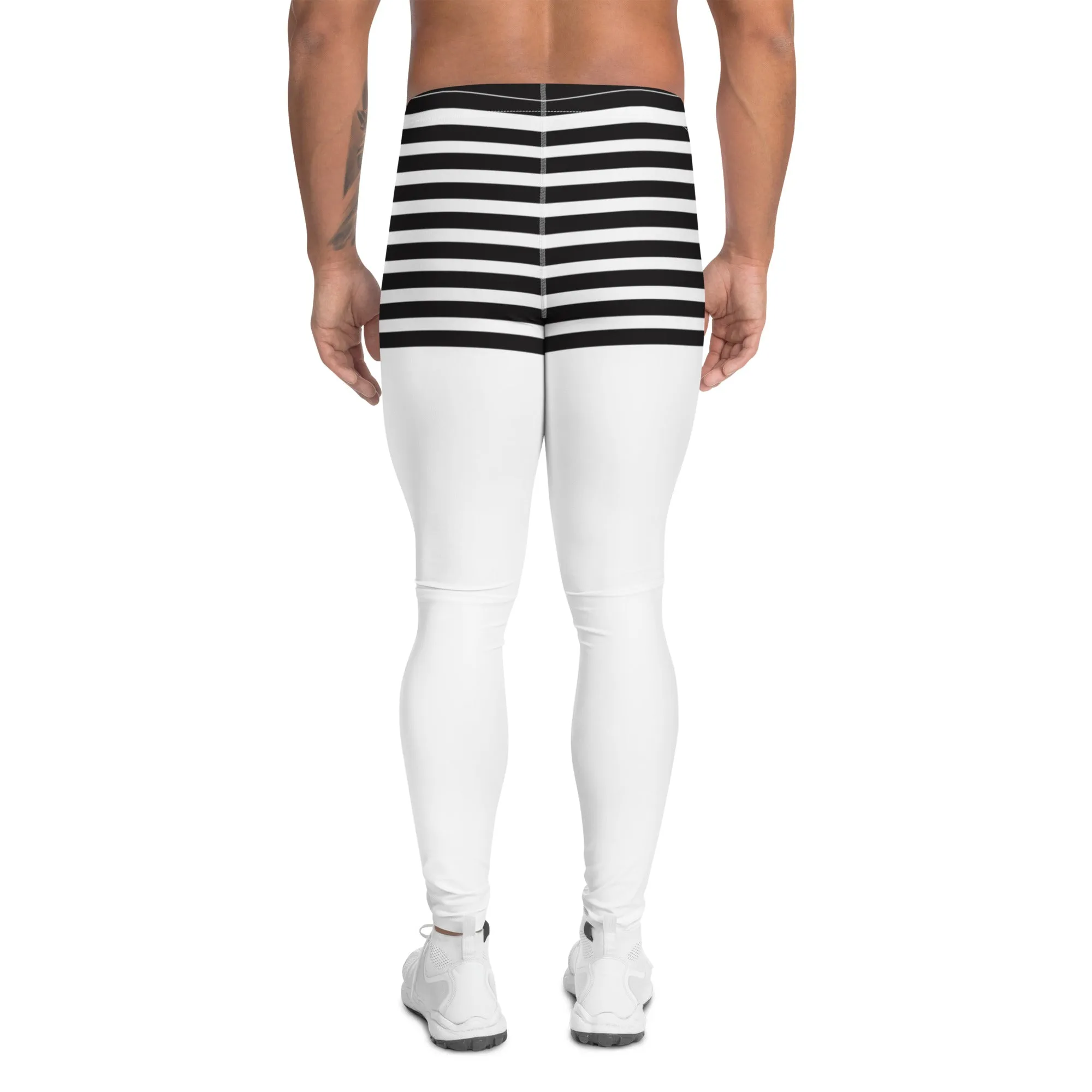 Black White Striped Meggings, Horizontal Stripes Men's Leggings Compression Tights For Men - Made in USA/EU/MX