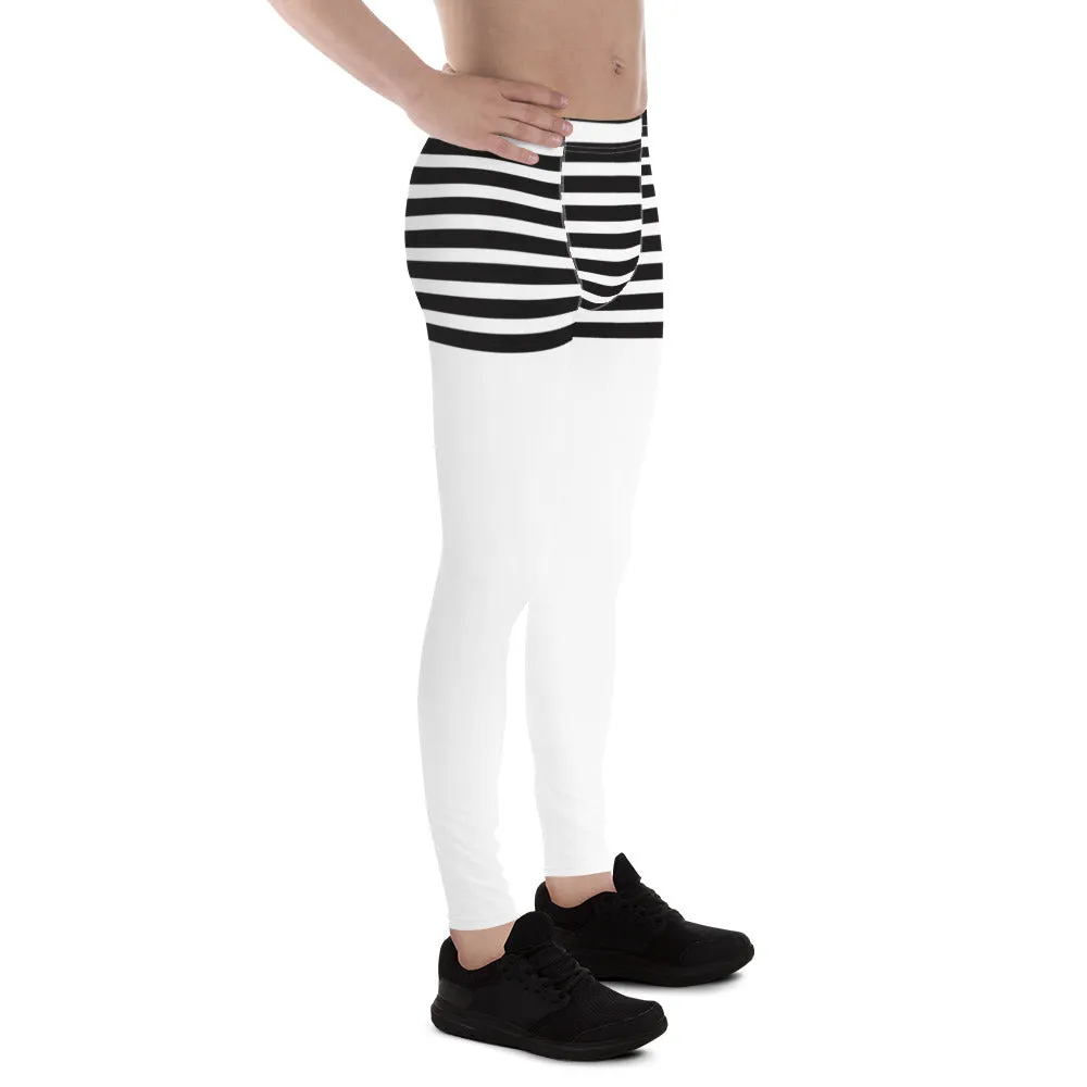 Black White Striped Meggings, Horizontal Stripes Men's Leggings Compression Tights For Men - Made in USA/EU/MX