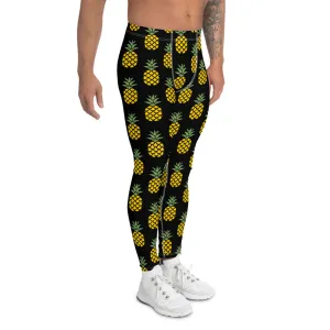 Black Yellow Pineapple Men's Leggings, Pineapples Print Pattern Meggings-Made in USA/EU