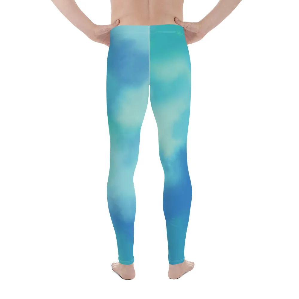 Blue Abstract Printed Meggings, Colorful Designer Compression Tights For Men - Made in USA/EU/MX