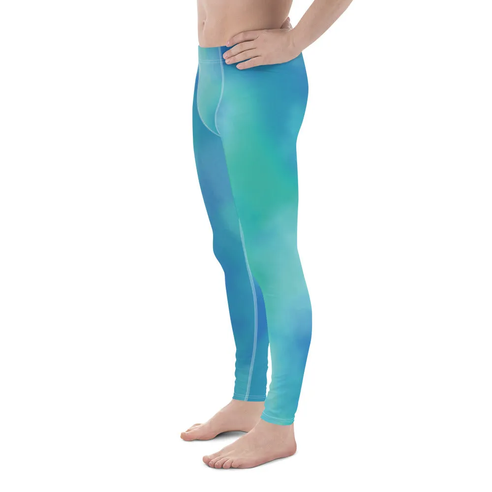 Blue Abstract Printed Meggings, Colorful Designer Compression Tights For Men - Made in USA/EU/MX