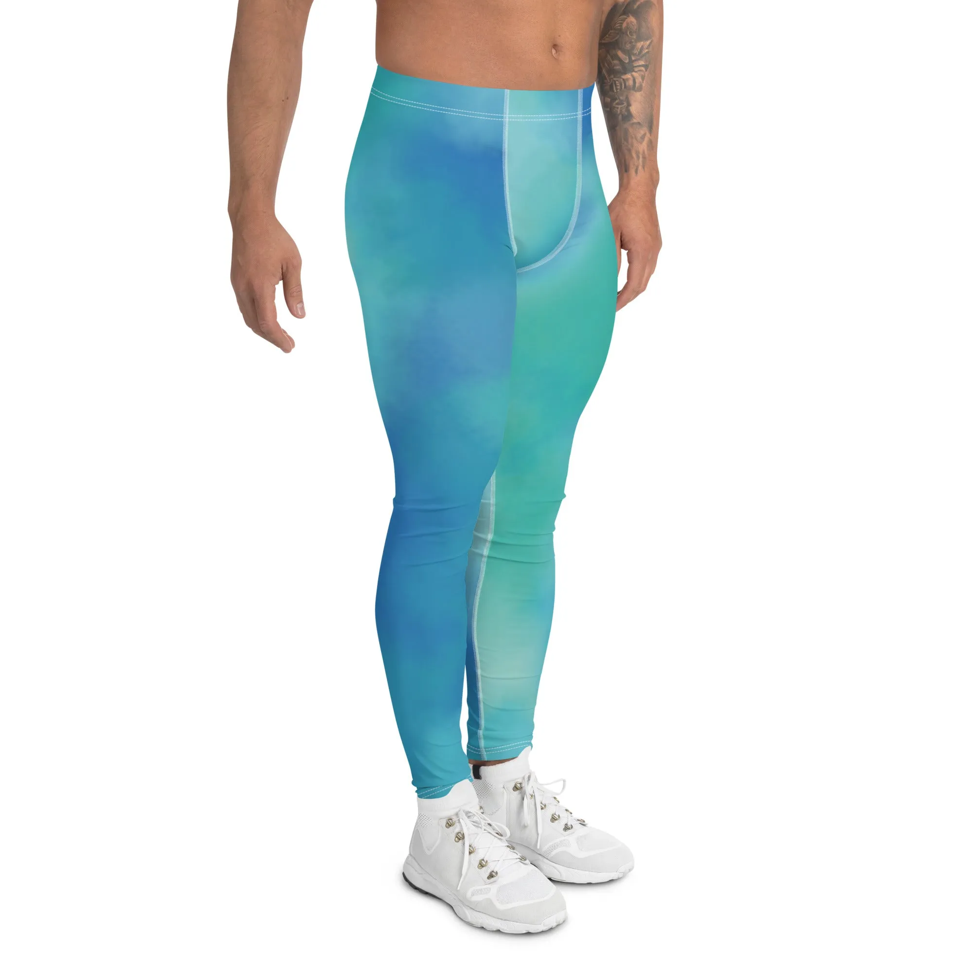 Blue Abstract Printed Meggings, Colorful Designer Compression Tights For Men - Made in USA/EU/MX