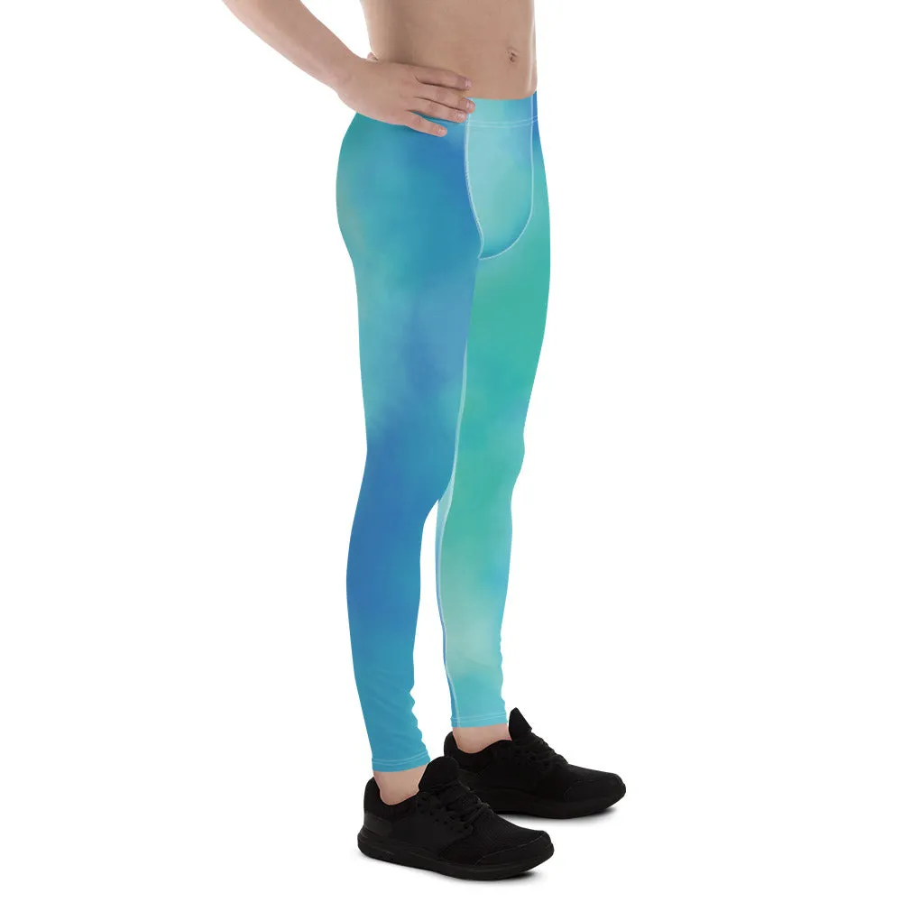 Blue Abstract Printed Meggings, Colorful Designer Compression Tights For Men - Made in USA/EU/MX