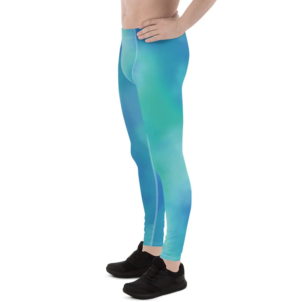 Blue Abstract Printed Meggings, Colorful Designer Compression Tights For Men - Made in USA/EU/MX