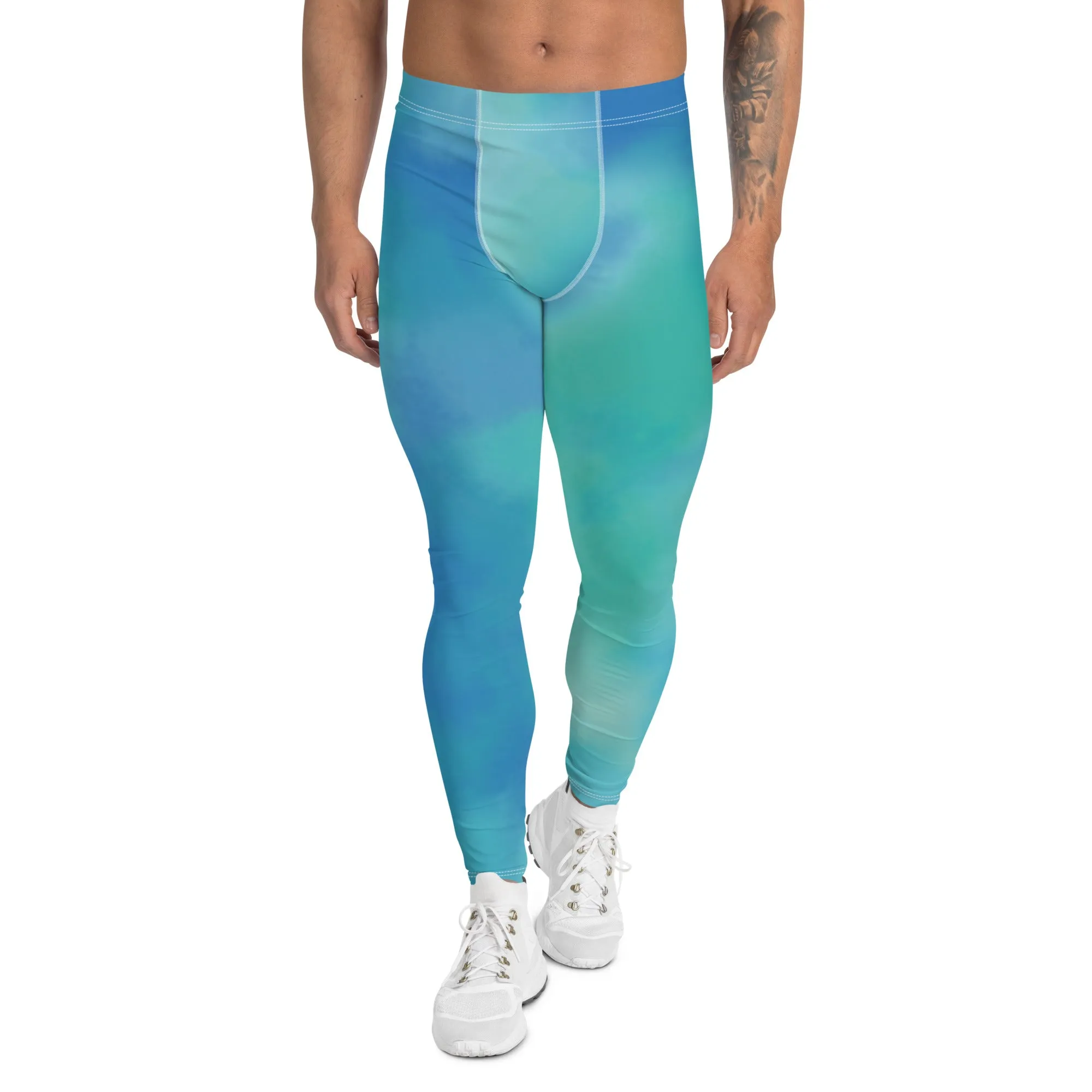 Blue Abstract Printed Meggings, Colorful Designer Compression Tights For Men - Made in USA/EU/MX