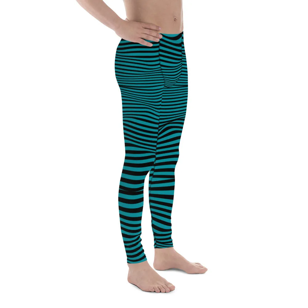 Blue Black Wavy Men's Leggings, Premium Fun Men's Running Tights For Wavy Lovers-Made in USA/EU/MX