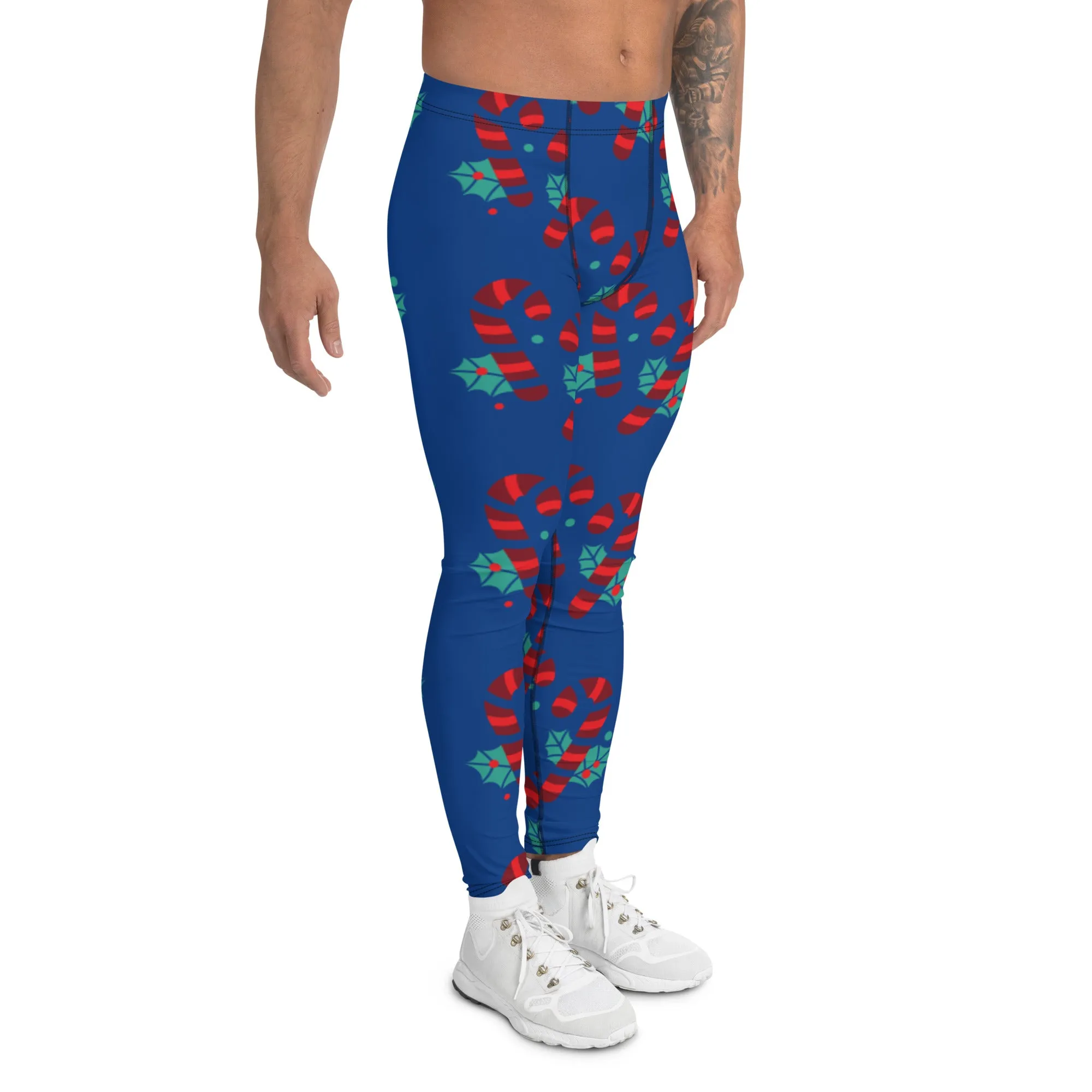 Blue Christmas Candy Men's Leggings, Blue and Red Colorful Christmas Candy Cane Style Gym Tights For Men - Made in USA/EU/MX