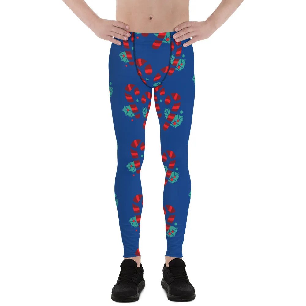 Blue Christmas Candy Men's Leggings, Blue and Red Colorful Christmas Candy Cane Style Gym Tights For Men - Made in USA/EU/MX