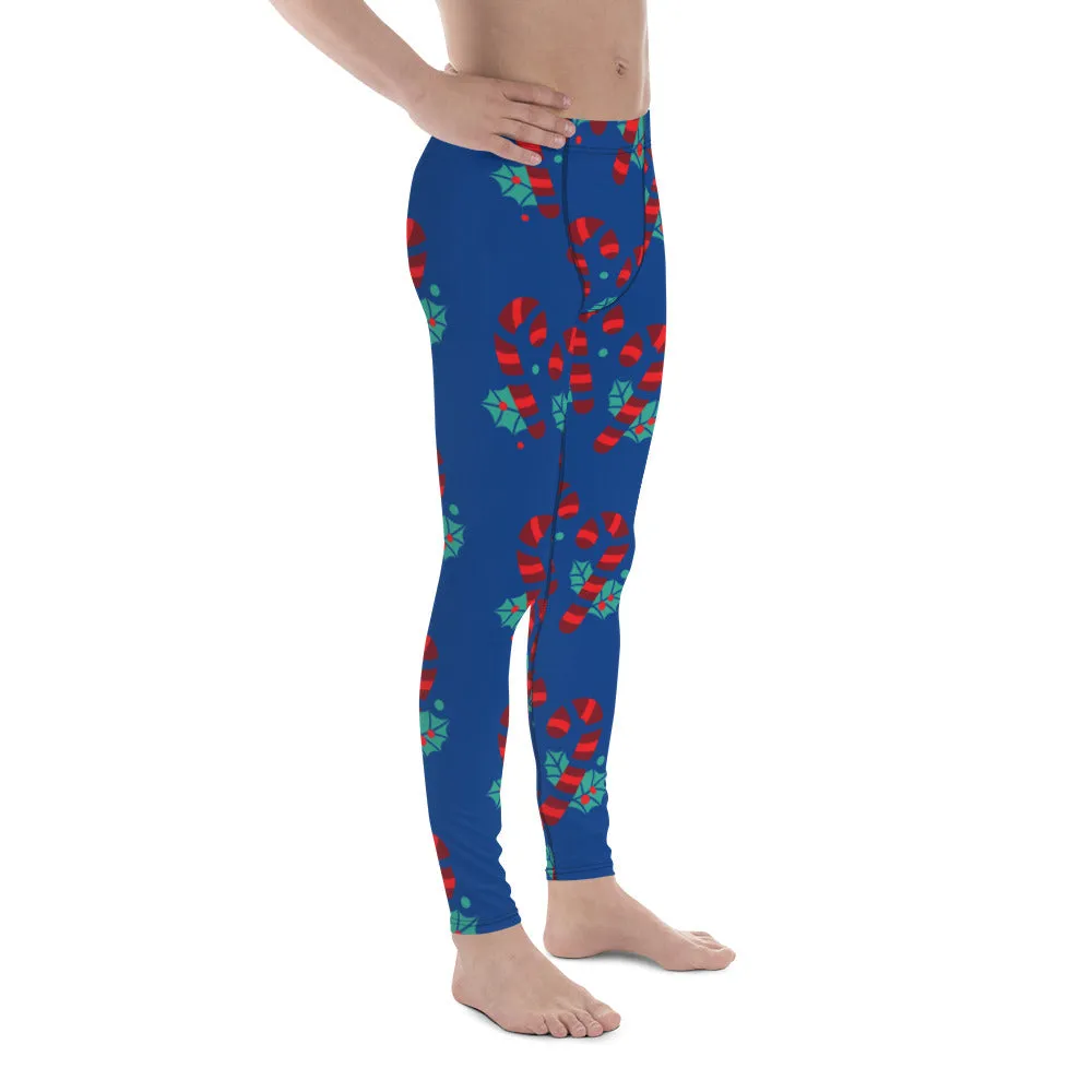 Blue Christmas Candy Men's Leggings, Blue and Red Colorful Christmas Candy Cane Style Gym Tights For Men - Made in USA/EU/MX