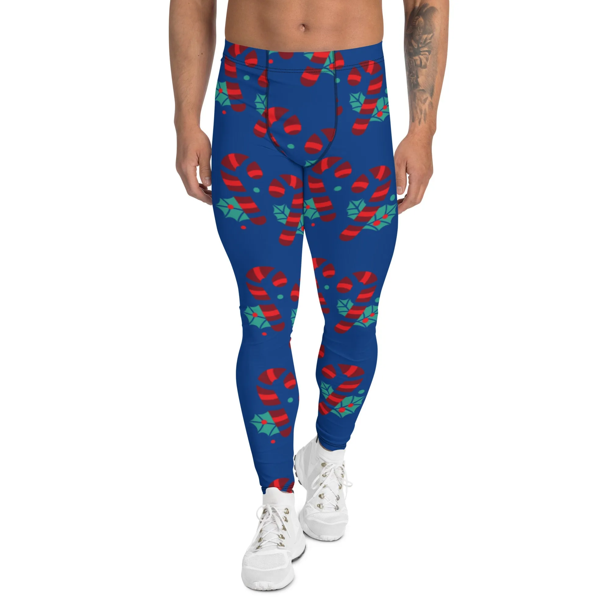 Blue Christmas Candy Men's Leggings, Blue and Red Colorful Christmas Candy Cane Style Gym Tights For Men - Made in USA/EU/MX