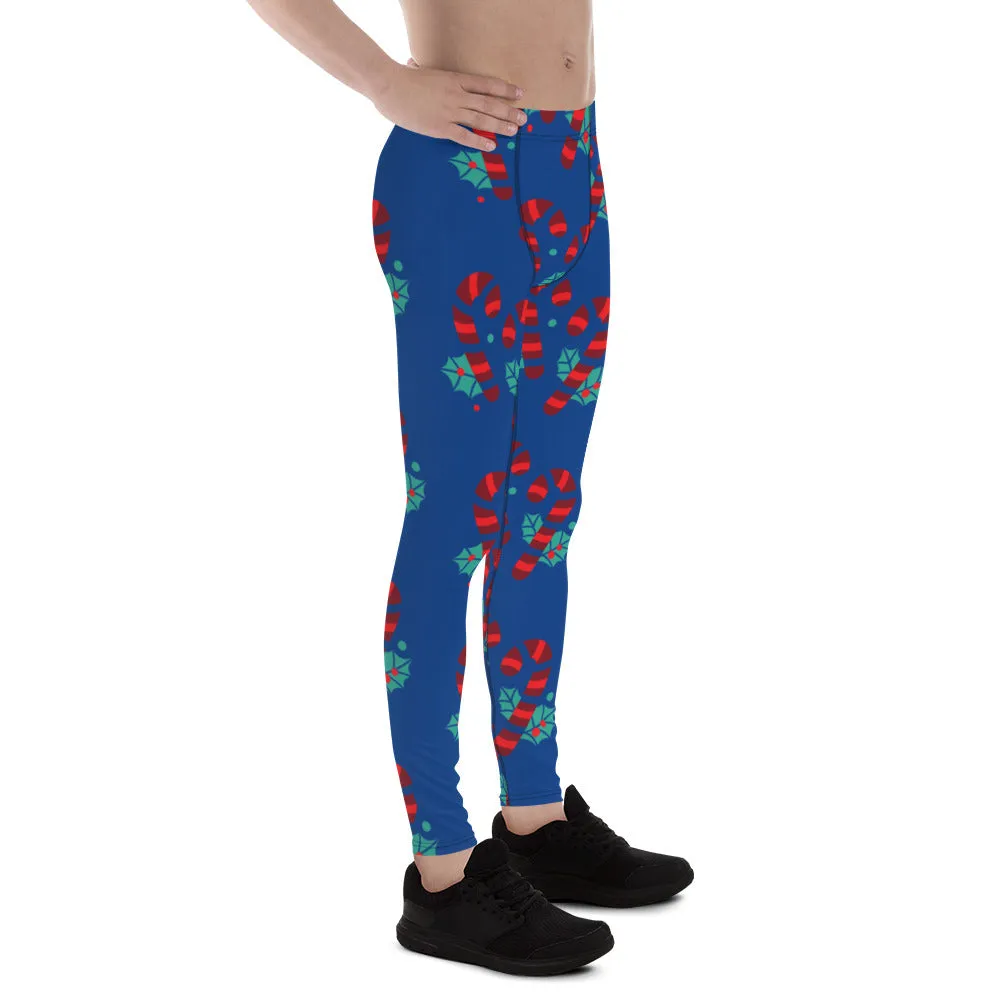 Blue Christmas Candy Men's Leggings, Blue and Red Colorful Christmas Candy Cane Style Gym Tights For Men - Made in USA/EU/MX