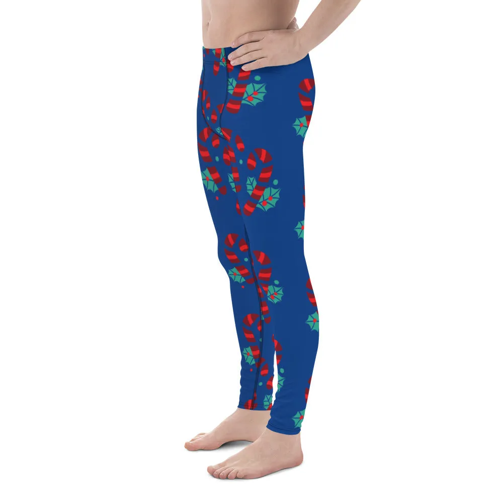 Blue Christmas Candy Men's Leggings, Blue and Red Colorful Christmas Candy Cane Style Gym Tights For Men - Made in USA/EU/MX