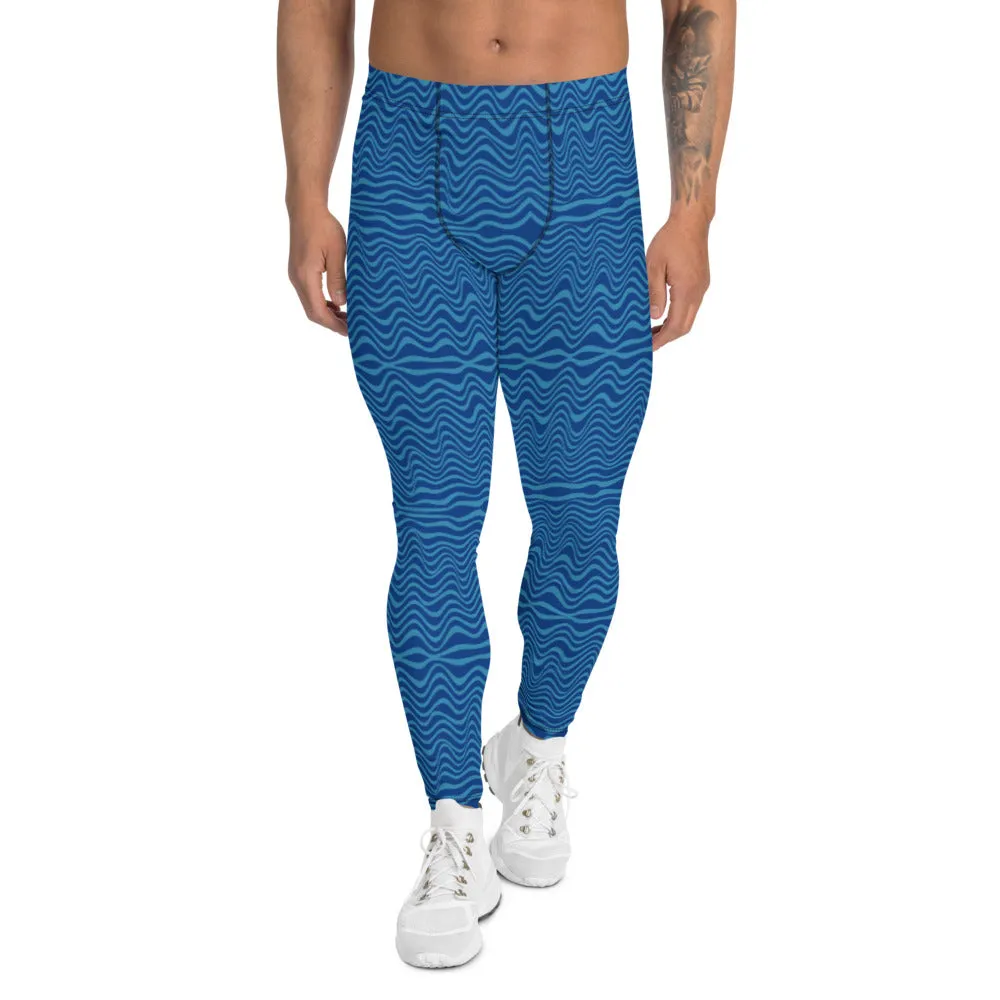 Blue Curvy Designer Men's Leggings, Great Wave Pattern Yoga Leggings-Made In USA/EU/MX