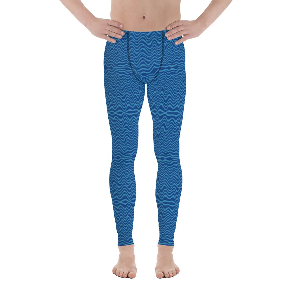 Blue Curvy Designer Men's Leggings, Great Wave Pattern Yoga Leggings-Made In USA/EU/MX