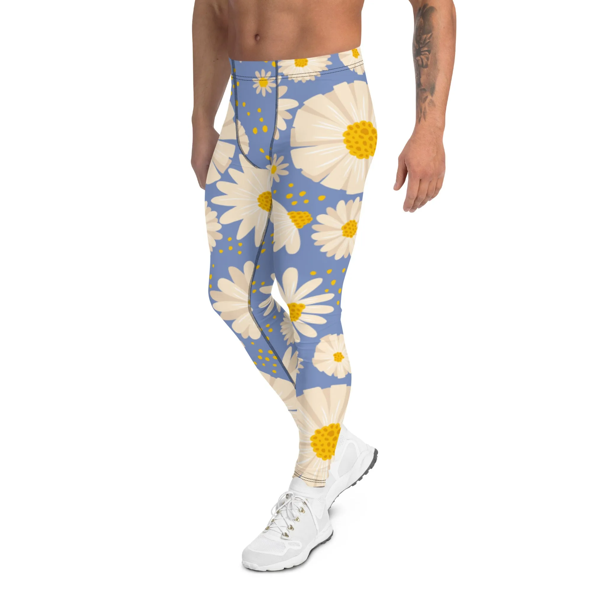 Blue Daisies Best Men's Leggings, Daisies Floral Print Men's Running Tights-Made in USA/EU/MX