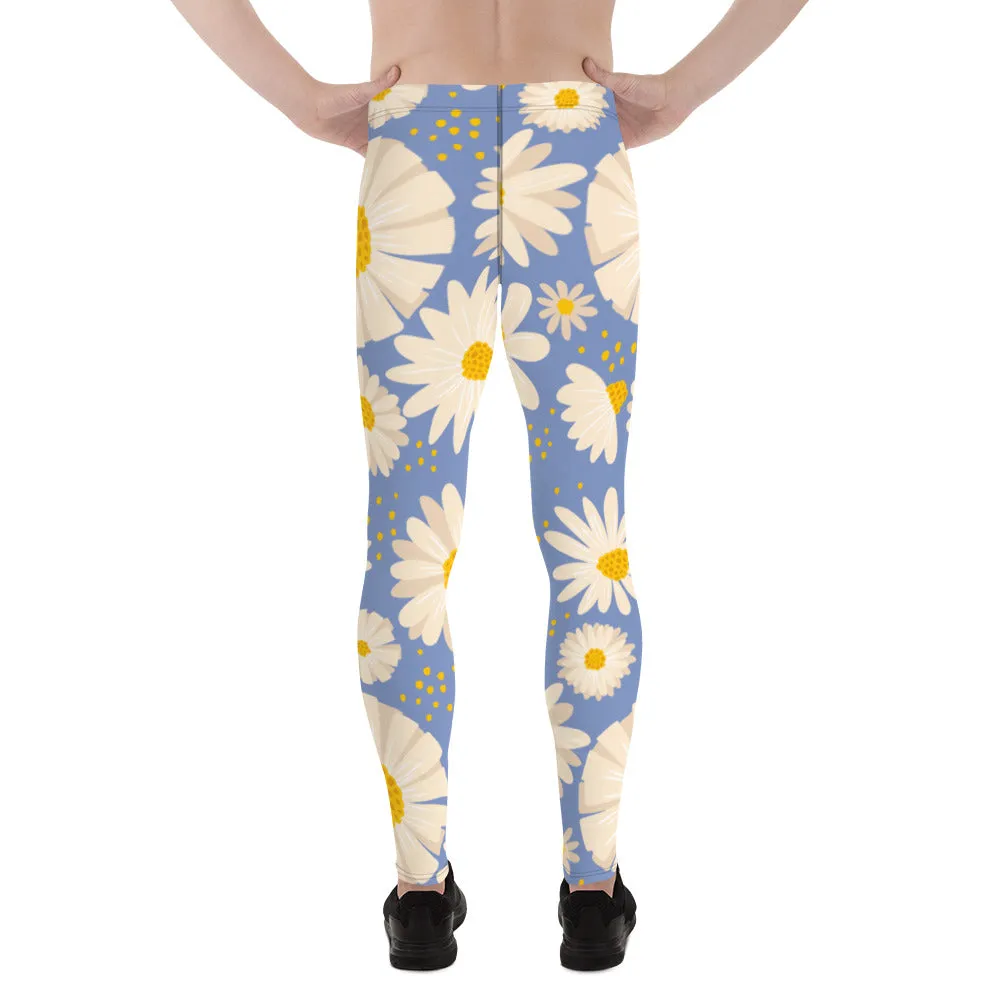 Blue Daisies Best Men's Leggings, Daisies Floral Print Men's Running Tights-Made in USA/EU/MX