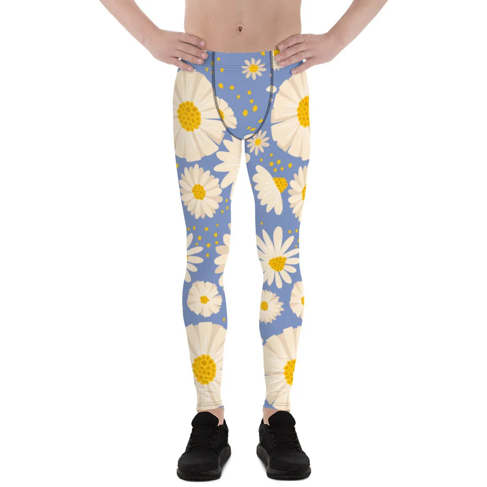 Blue Daisies Best Men's Leggings, Daisies Floral Print Men's Running Tights-Made in USA/EU/MX