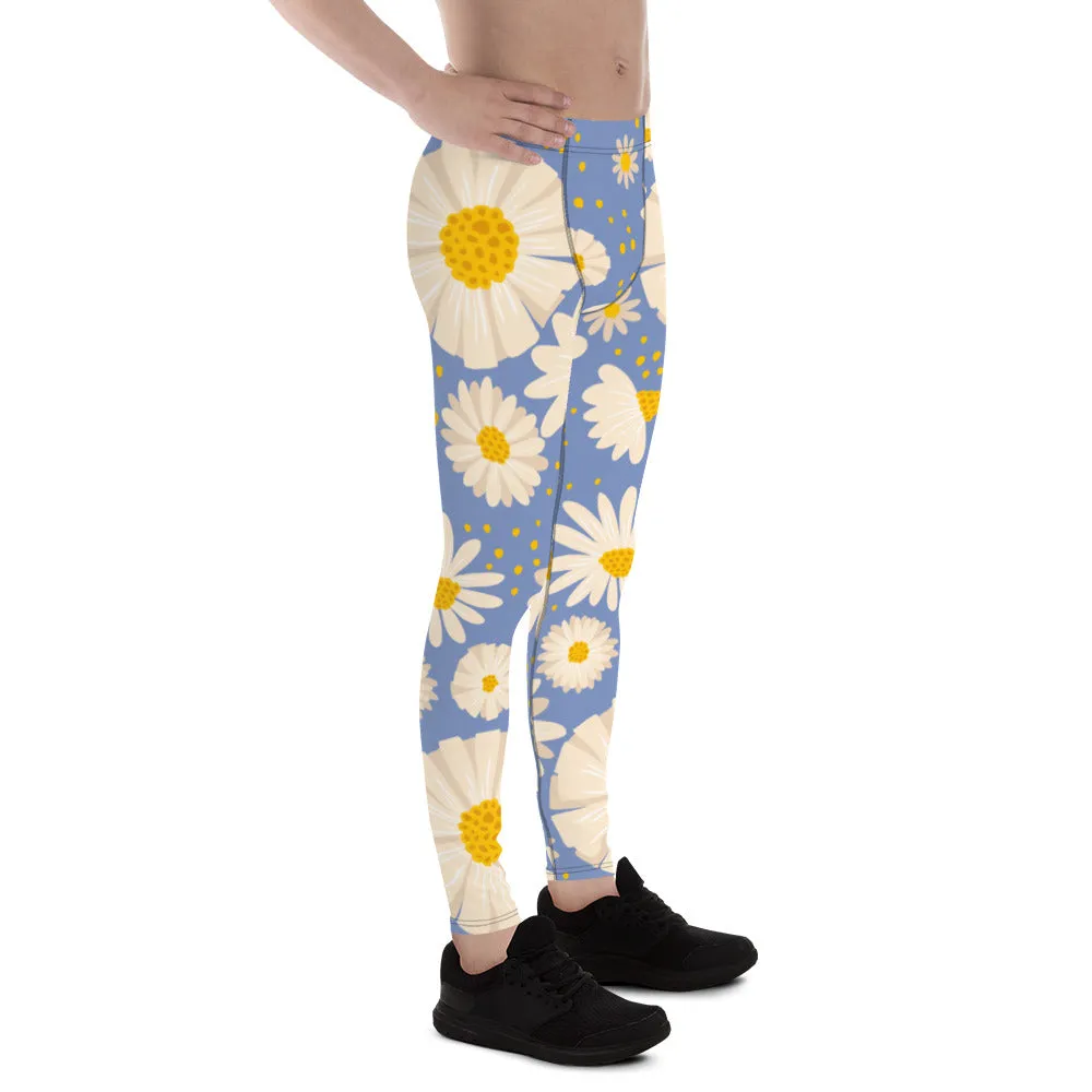 Blue Daisies Best Men's Leggings, Daisies Floral Print Men's Running Tights-Made in USA/EU/MX