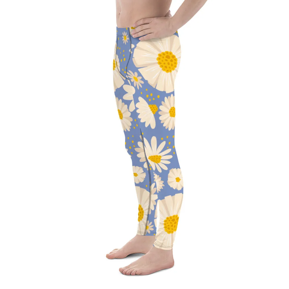 Blue Daisies Best Men's Leggings, Daisies Floral Print Men's Running Tights-Made in USA/EU/MX