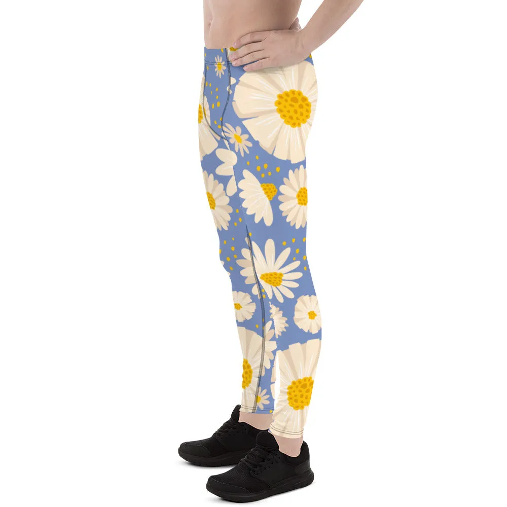 Blue Daisies Best Men's Leggings, Daisies Floral Print Men's Running Tights-Made in USA/EU/MX