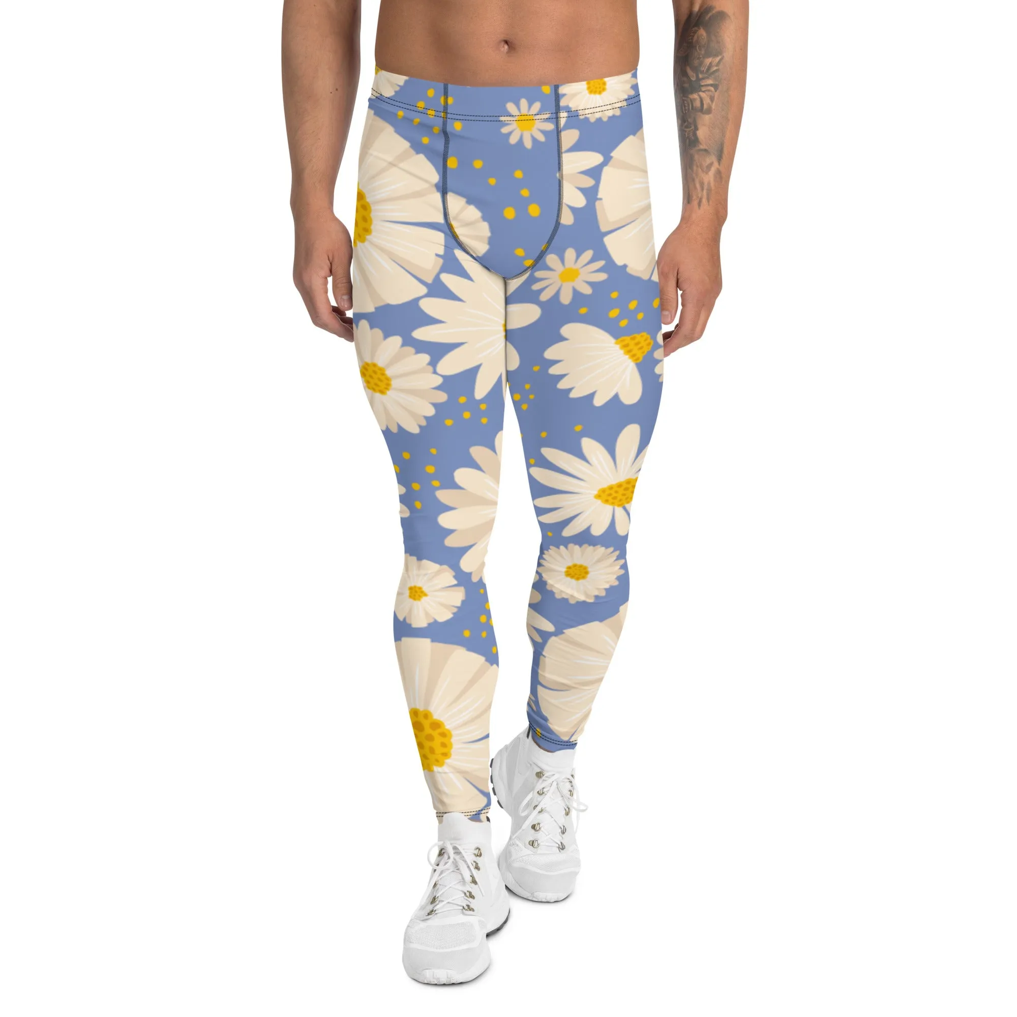 Blue Daisies Best Men's Leggings, Daisies Floral Print Men's Running Tights-Made in USA/EU/MX