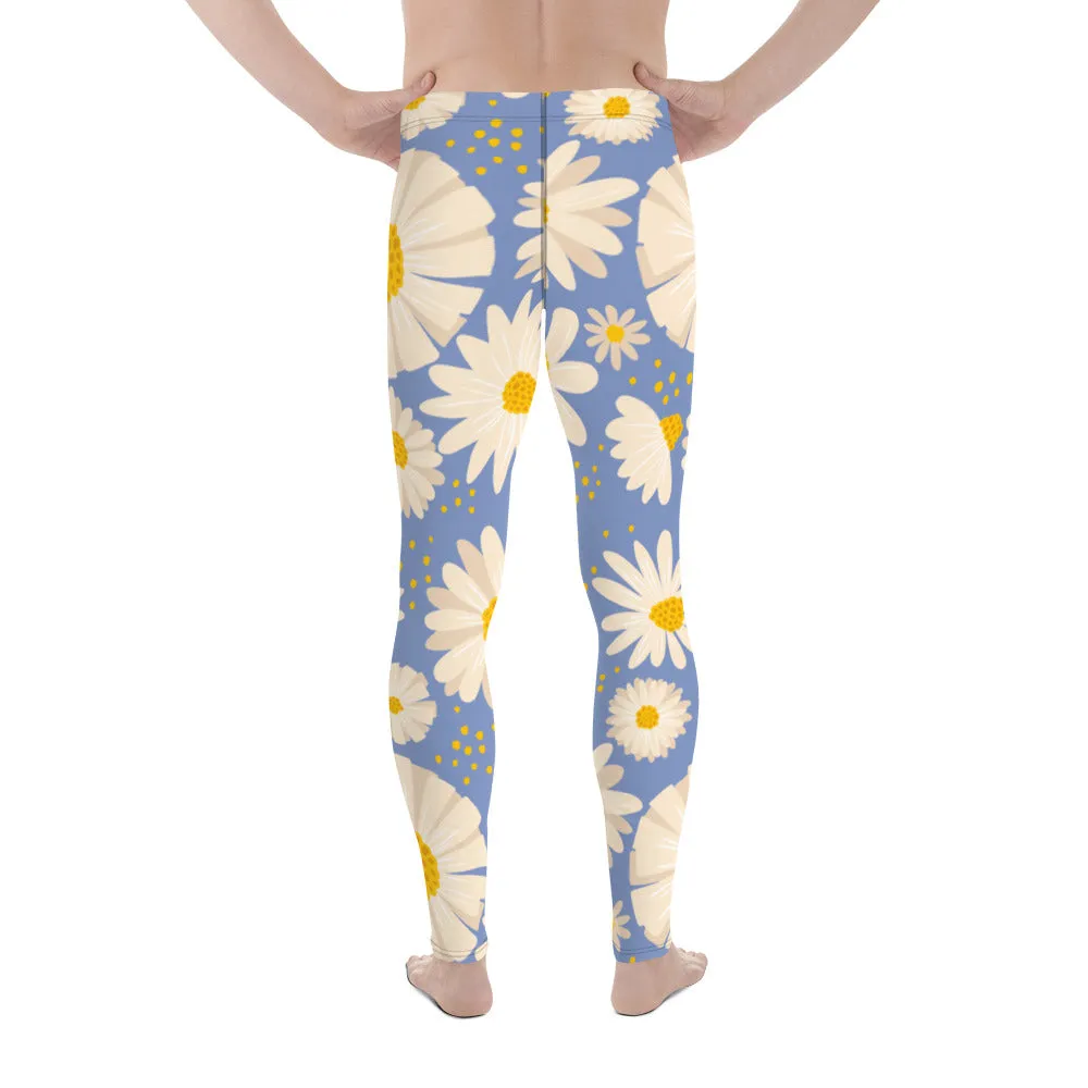 Blue Daisies Best Men's Leggings, Daisies Floral Print Men's Running Tights-Made in USA/EU/MX