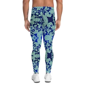 Blue Floral Print Men's Leggings, Best Blue Oriental Style Floral Print Meggings Compression Tights - Made in USA/EU/MX