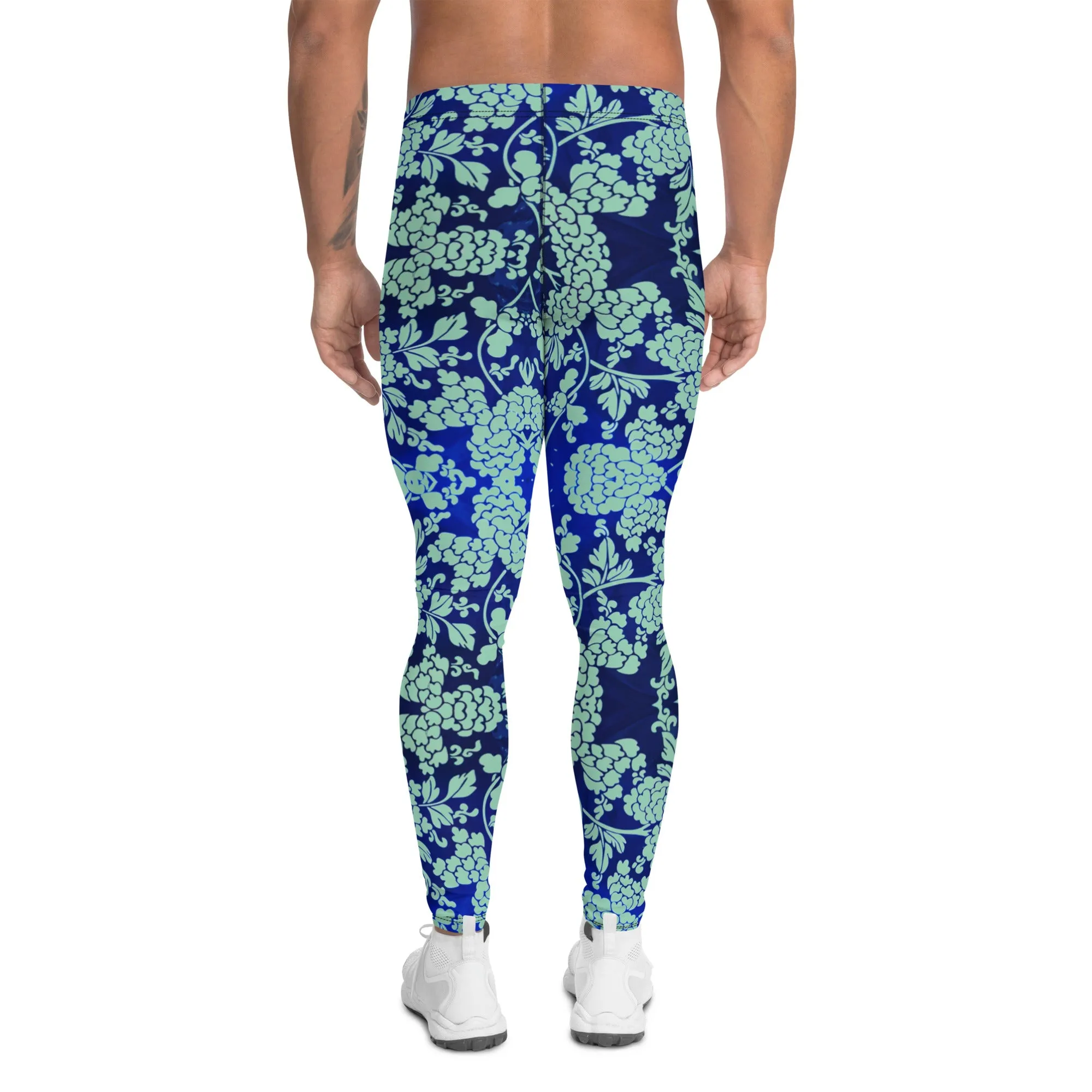 Blue Floral Print Men's Leggings, Best Blue Oriental Style Floral Print Meggings Compression Tights - Made in USA/EU/MX