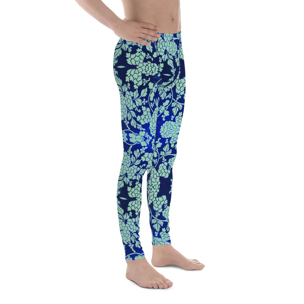 Blue Floral Print Men's Leggings, Best Blue Oriental Style Floral Print Meggings Compression Tights - Made in USA/EU/MX