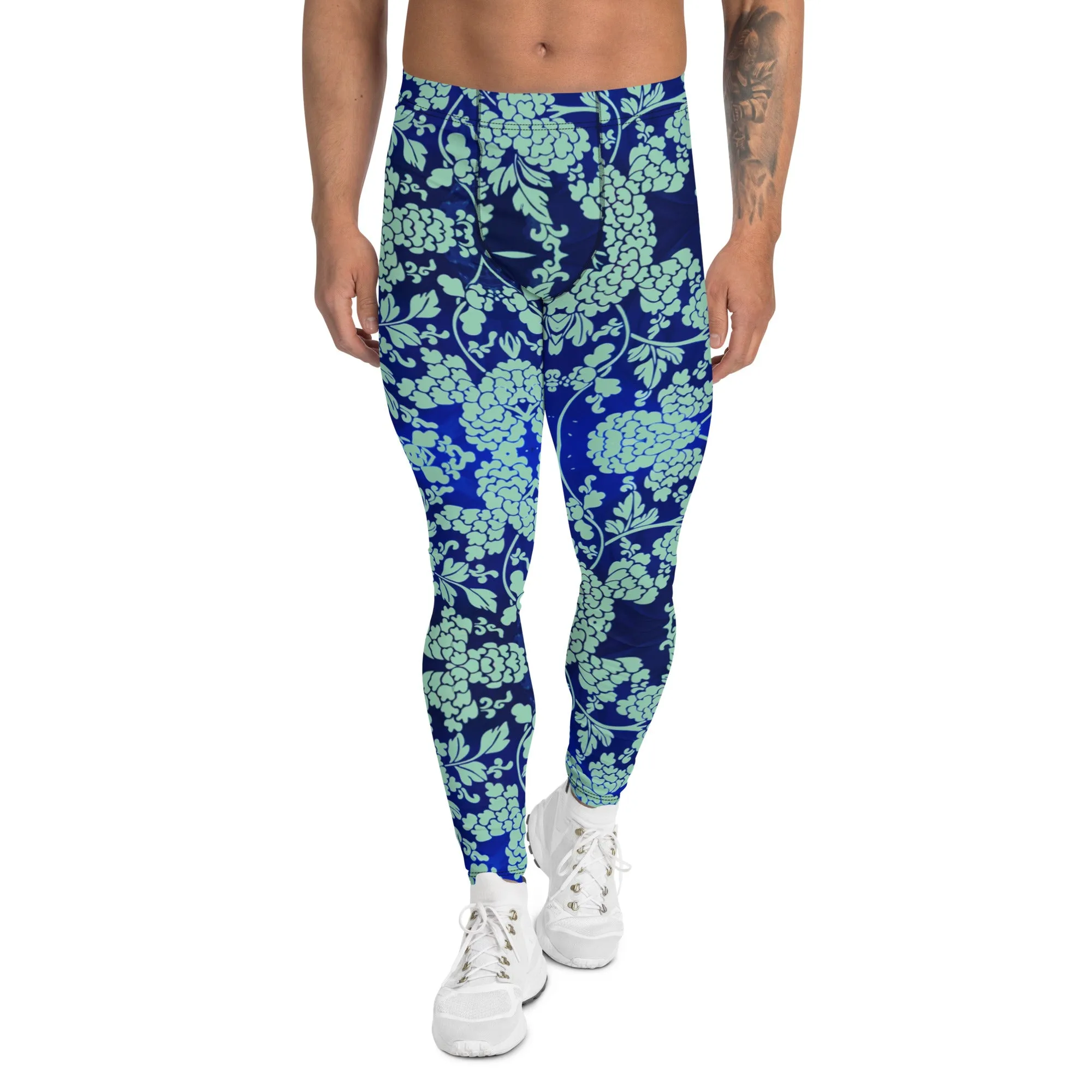 Blue Floral Print Men's Leggings, Best Blue Oriental Style Floral Print Meggings Compression Tights - Made in USA/EU/MX