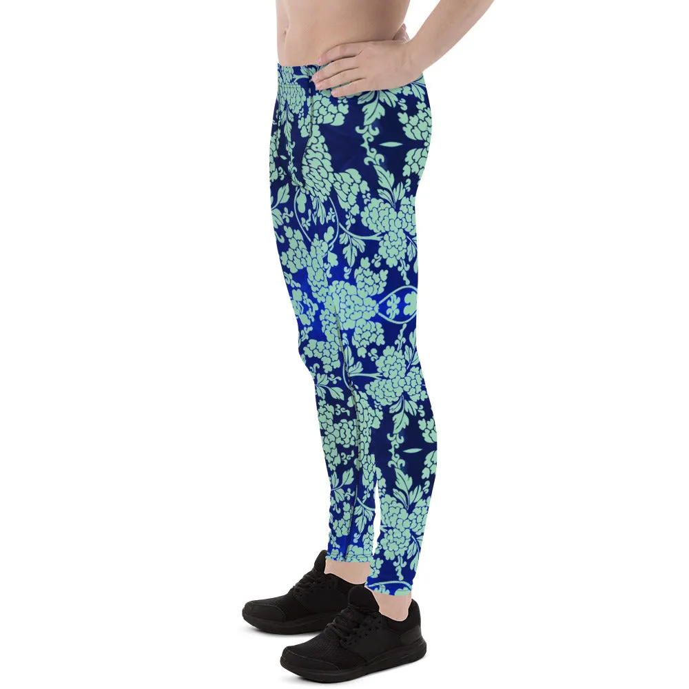 Blue Floral Print Men's Leggings, Best Blue Oriental Style Floral Print Meggings Compression Tights - Made in USA/EU/MX