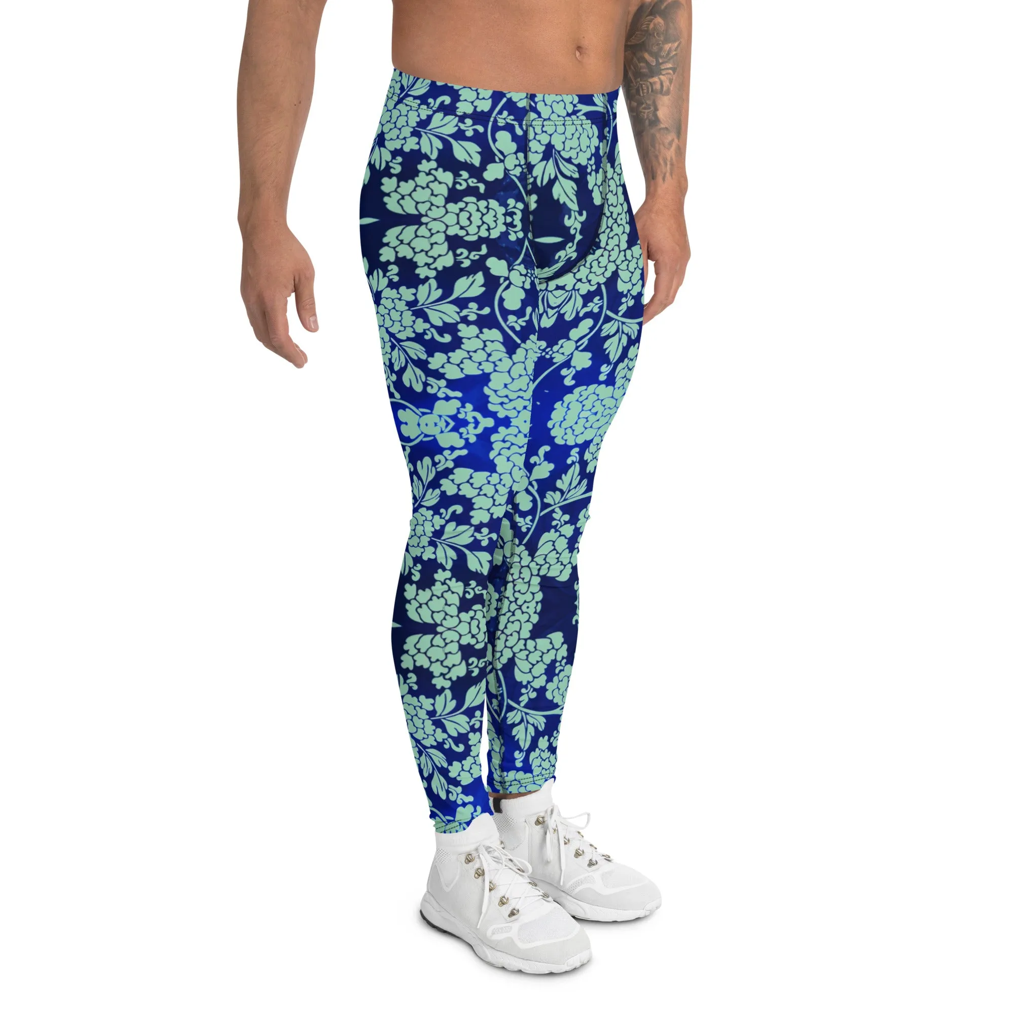 Blue Floral Print Men's Leggings, Best Blue Oriental Style Floral Print Meggings Compression Tights - Made in USA/EU/MX